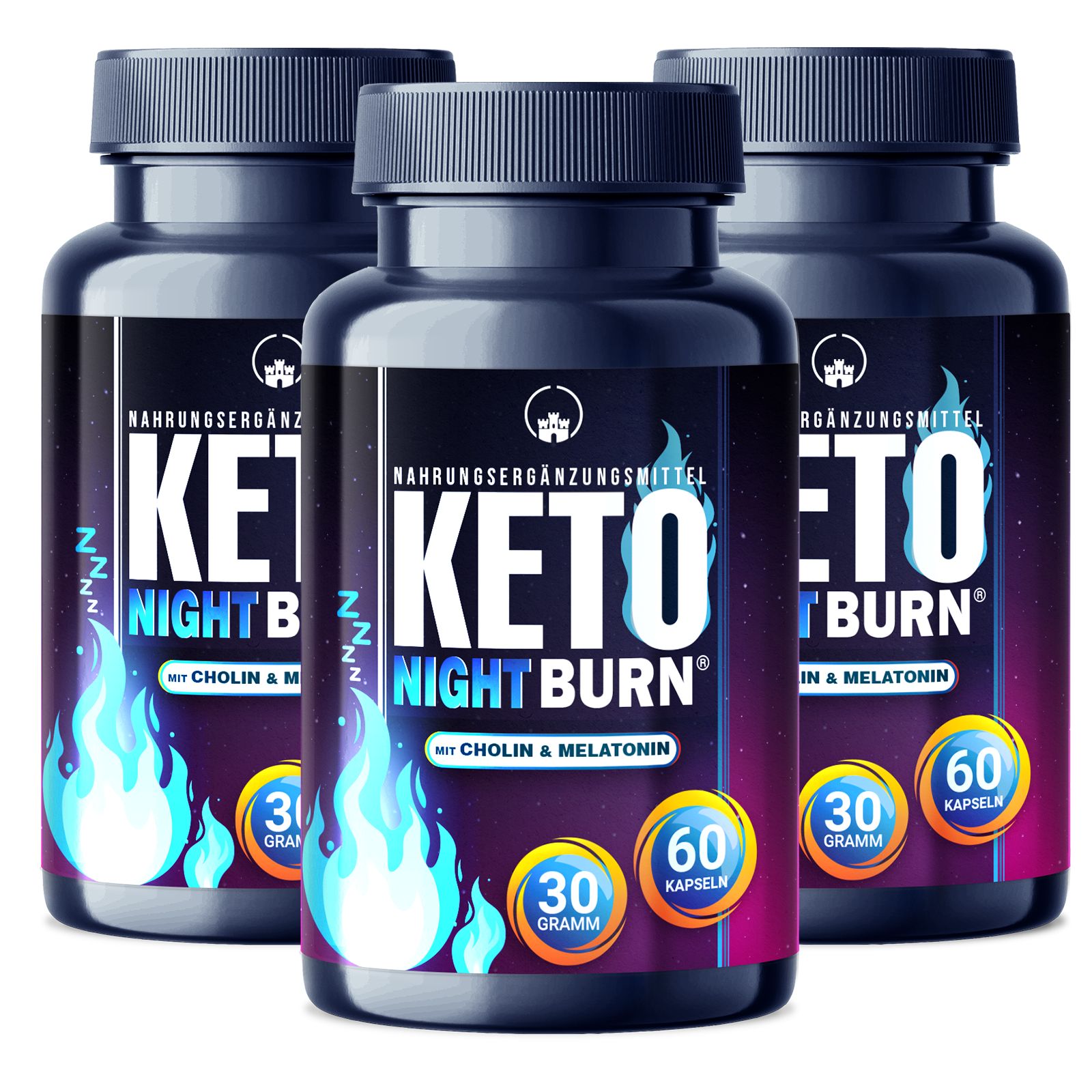 Drei Flaschen KETO NIGHT BURN. Dunkelblaue Flaschen mit schwarzem Deckel. Text: Cholin & Melatonin, 30 Gramm, 60 Kapseln.