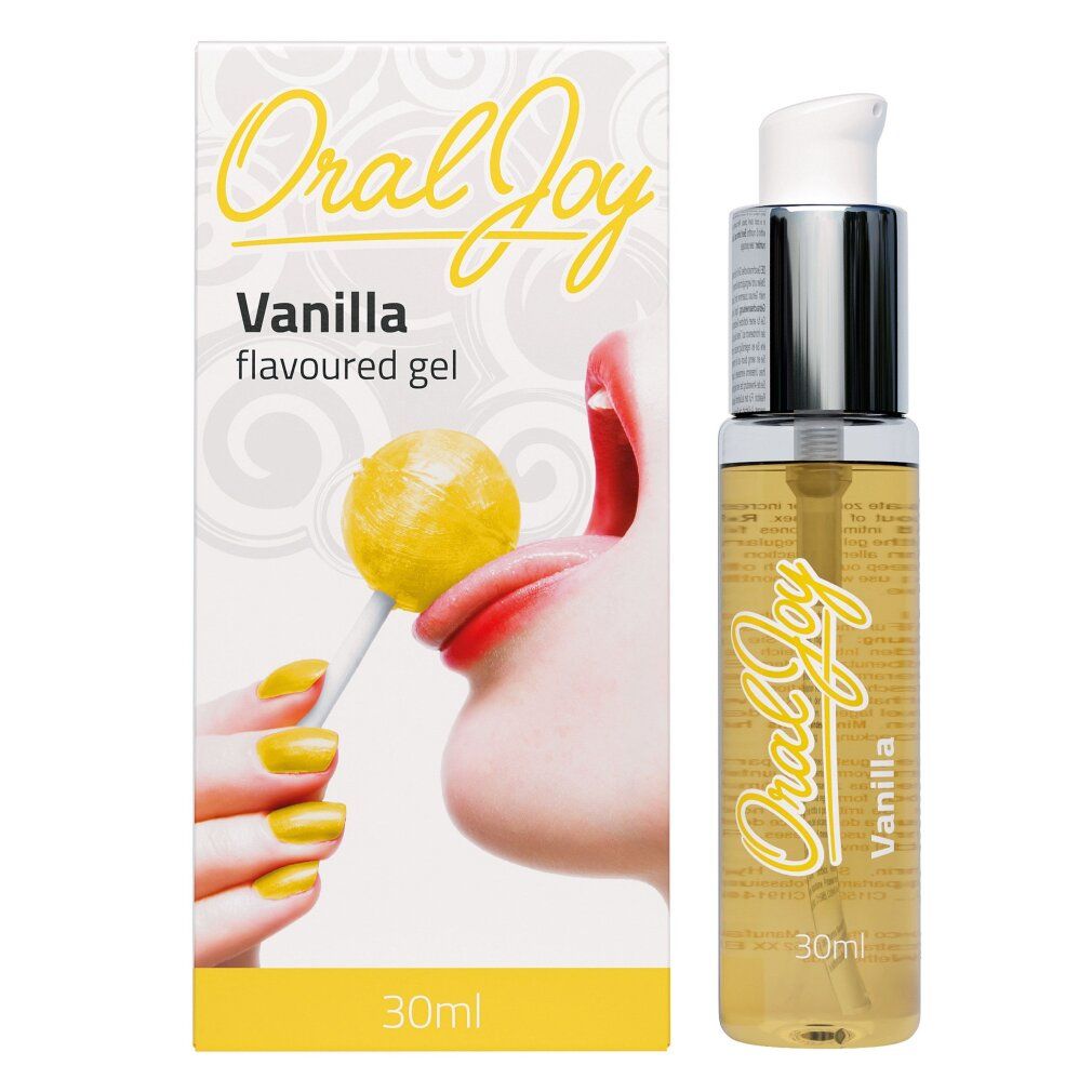 Flasche mit gelbem Gel und Sprühkopf. Aufschrift "Oral Joy Vanilla flavoured gel". Verpackung mit Abbildung und Text.