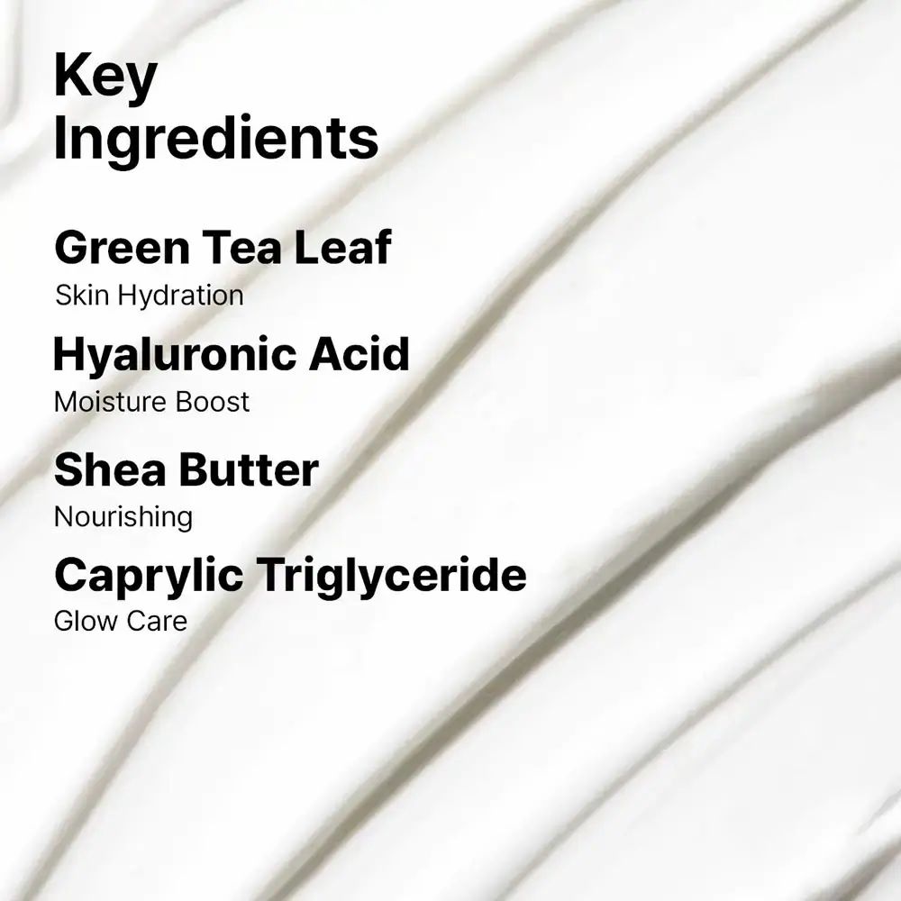 Text auf weißem Hintergrund: Key Ingredients. Inhaltsstoffe: Green Tea Leaf, Hyaluronic Acid, Shea Butter, Caprylic Triglyceride.