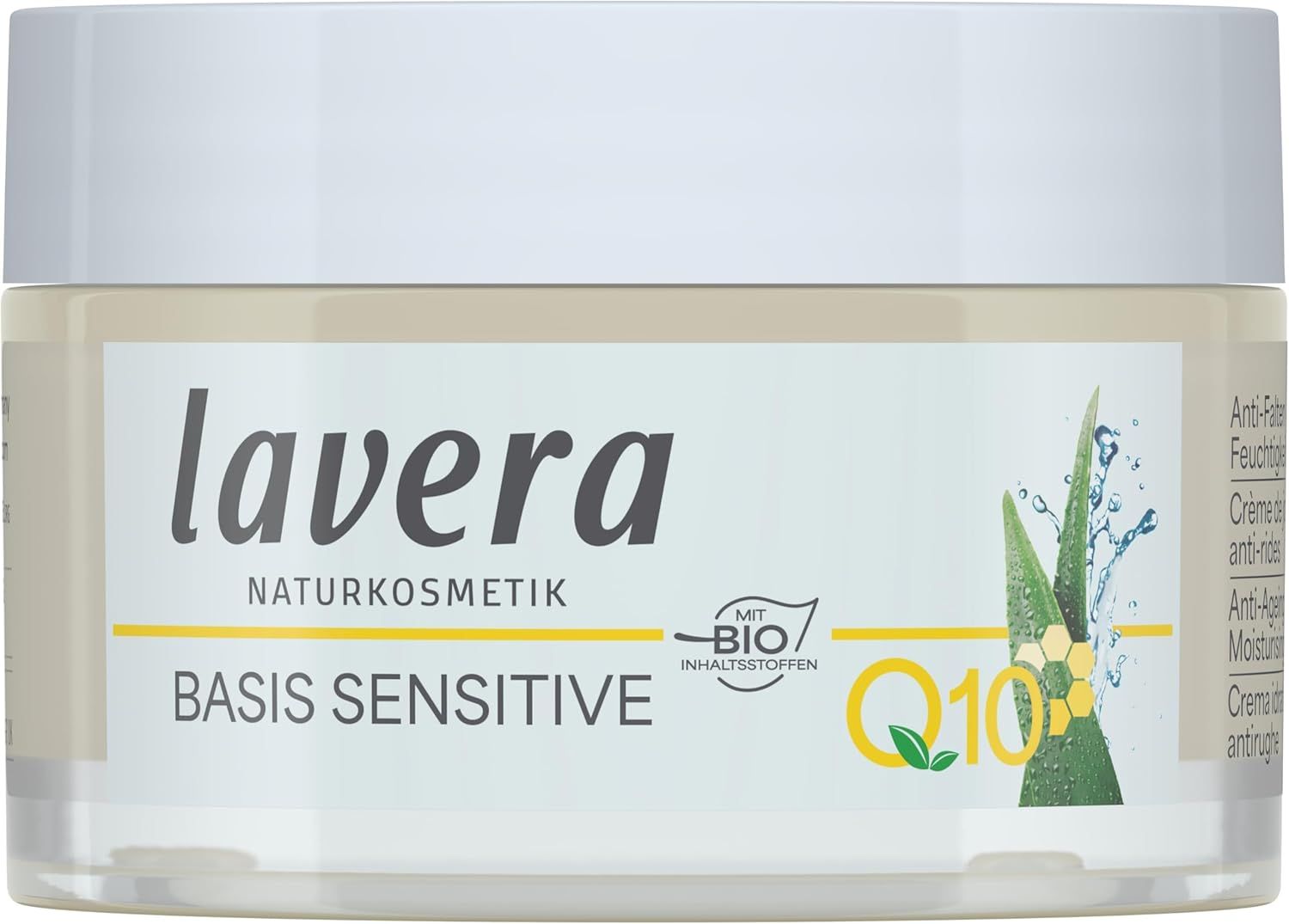 Creme-Glas mit Text: "lavera NATURKOSMETIK BASIS SENSITIVE Q10".