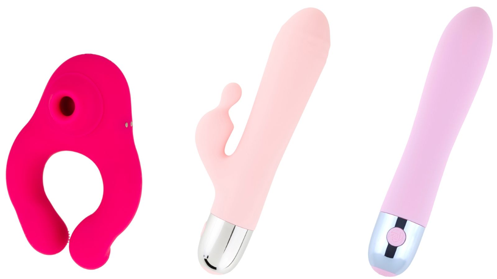 Drei Sexspielzeuge. Ringförmig, Vibrator mit Kopf und Vibrator mit Knopf. Rosa.
