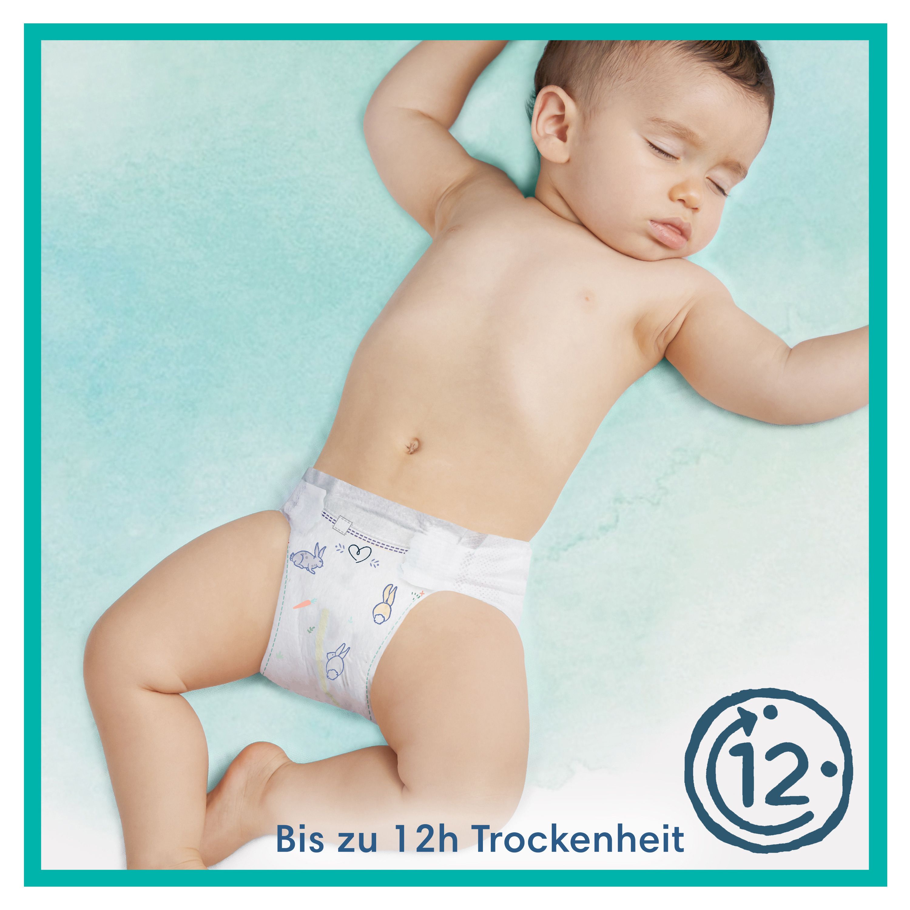 Pampers Harmonie Windel Größe 1 (2-5 kg) mit Hasenmotiv. Dermatologisch getestet.