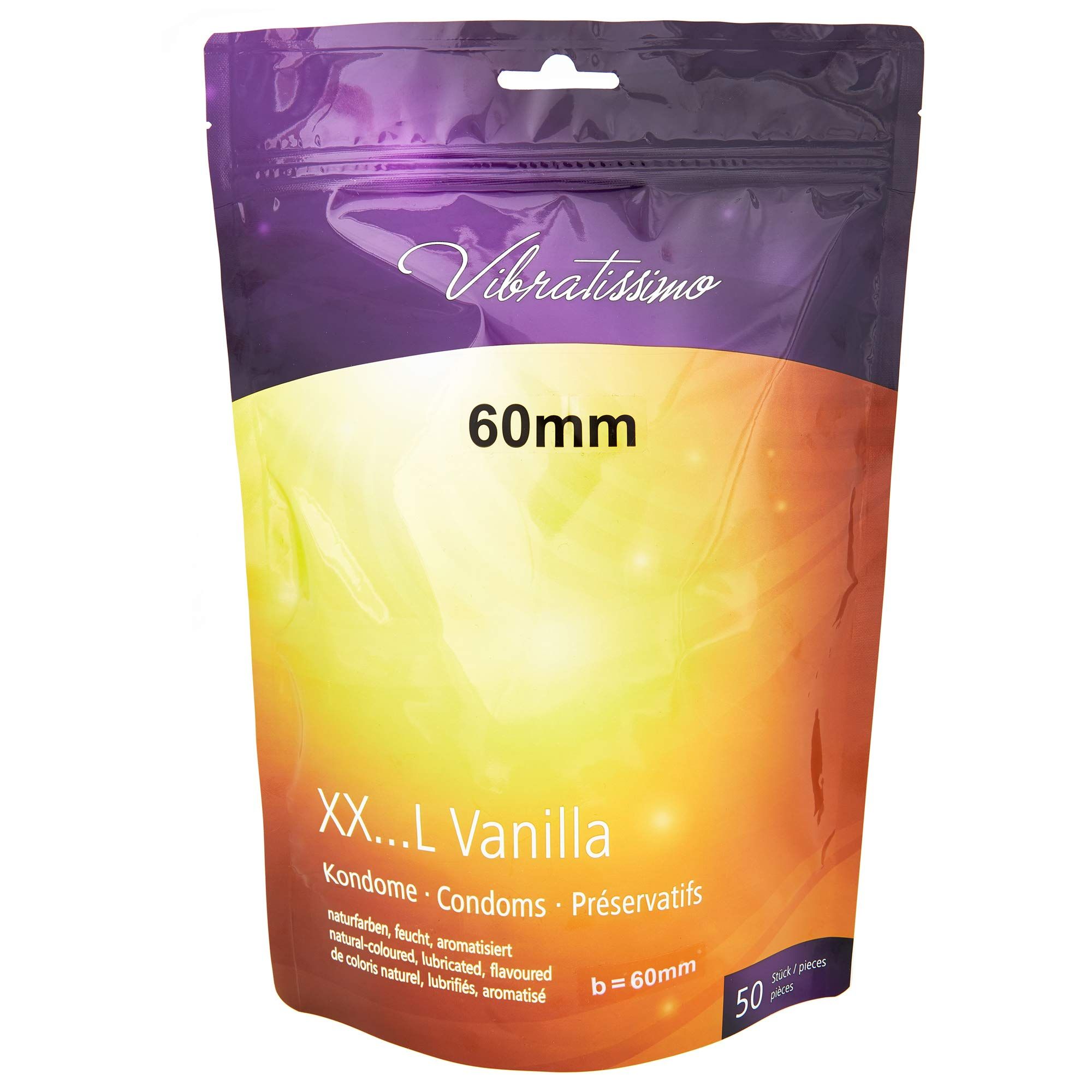 Vibratissimo Kondome Vanilla XXL, 50 Stück, 60mm Breite. Aromatisierte, natürliche Kondome.