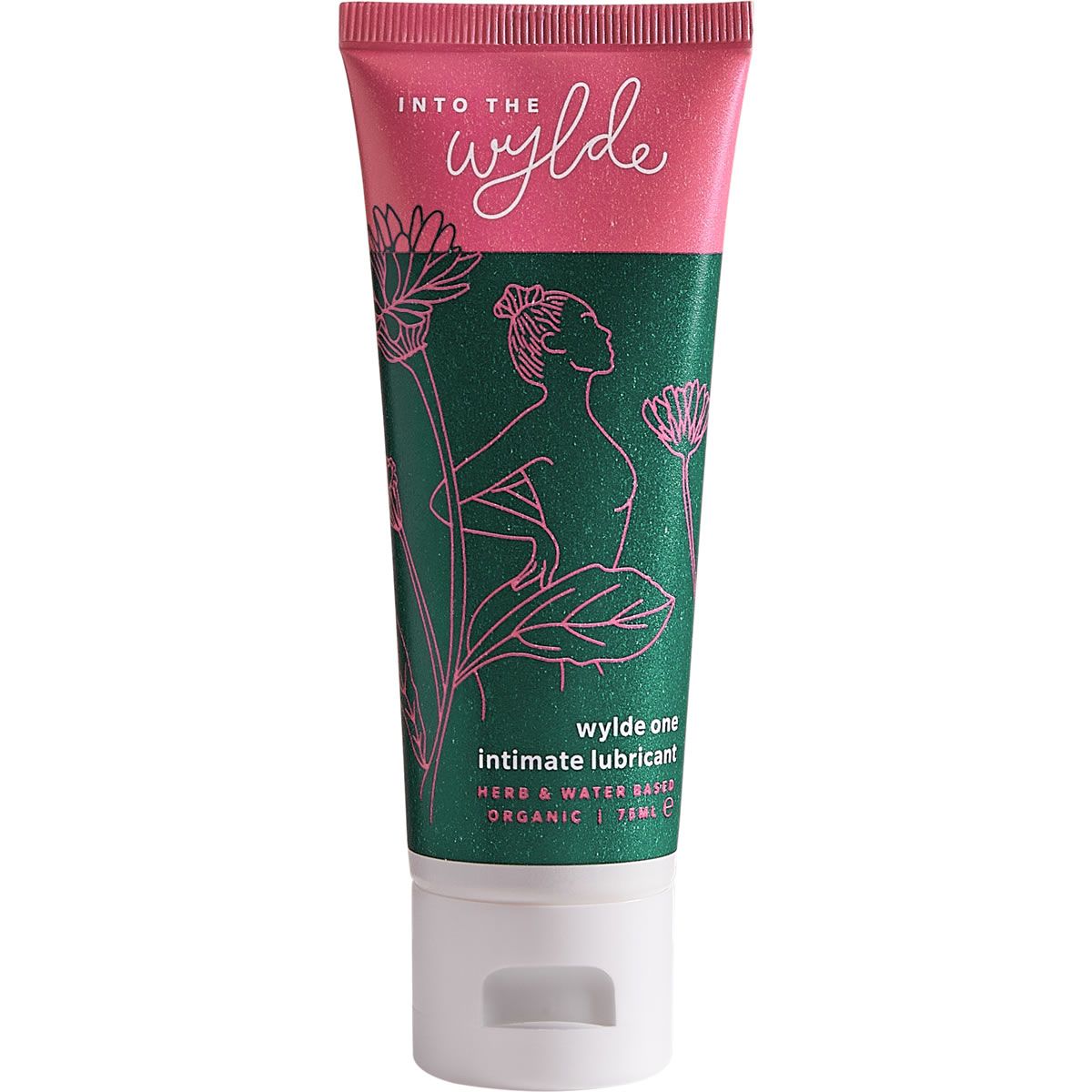 Tube mit rosa Deckel und grünem Körper. Aufschrift: Into the wylde, wylde one intimate lubricant. Mit Illustrationen und Text.