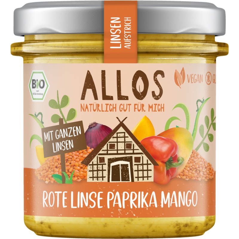 Glas mit Aufstrich. Aufschrift: ALLOS, Rote Linse Paprika Mango. Bio-Siegel und Vegan-Logo. Abbildung von Gemüse.