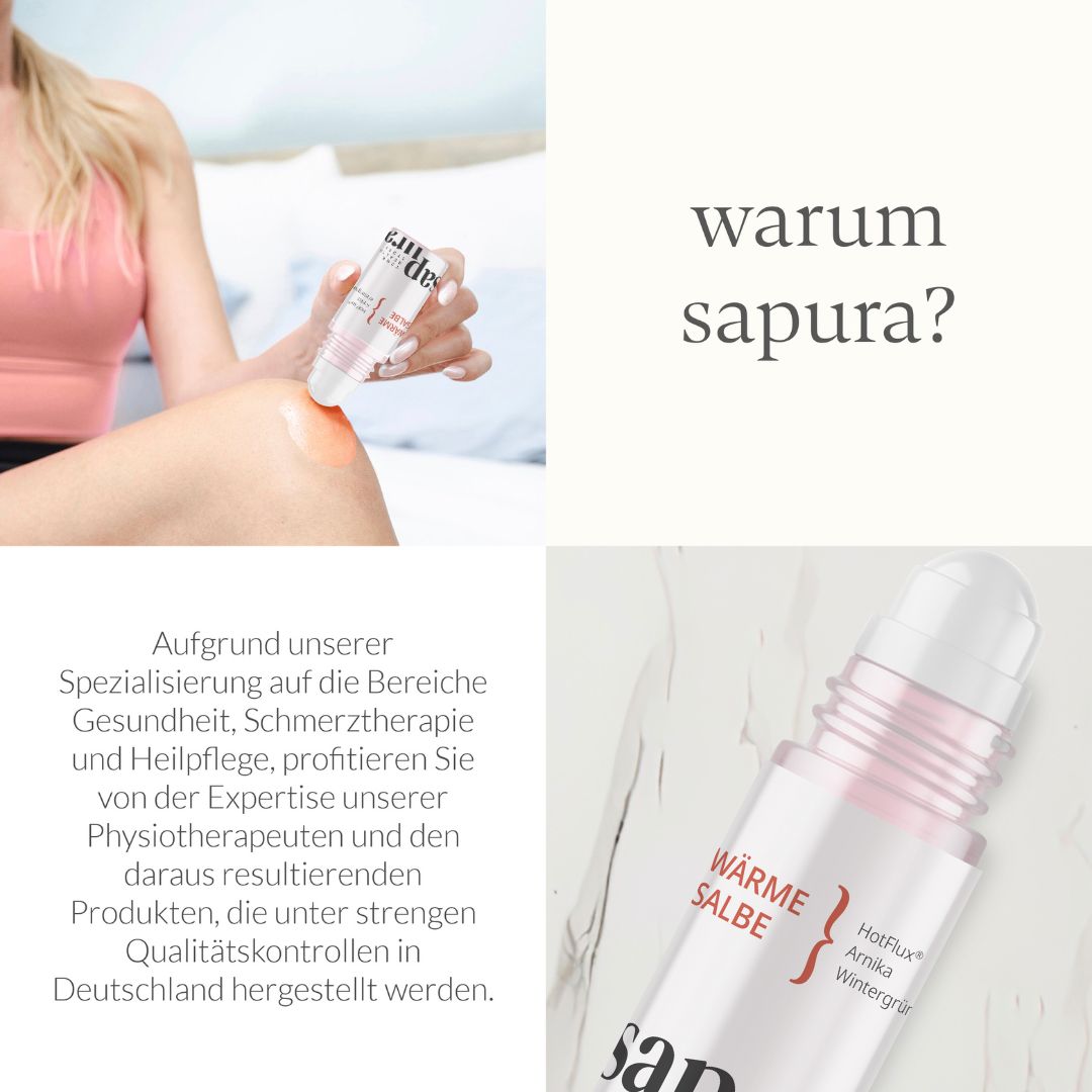 Zwei Bilder. Links: Person trägt Roll-On auf Knie auf. Rechts: Roll-On-Flasche mit weißem Deckel, rosafarbenem Ring und weißem Etikett. Marke: sapura.