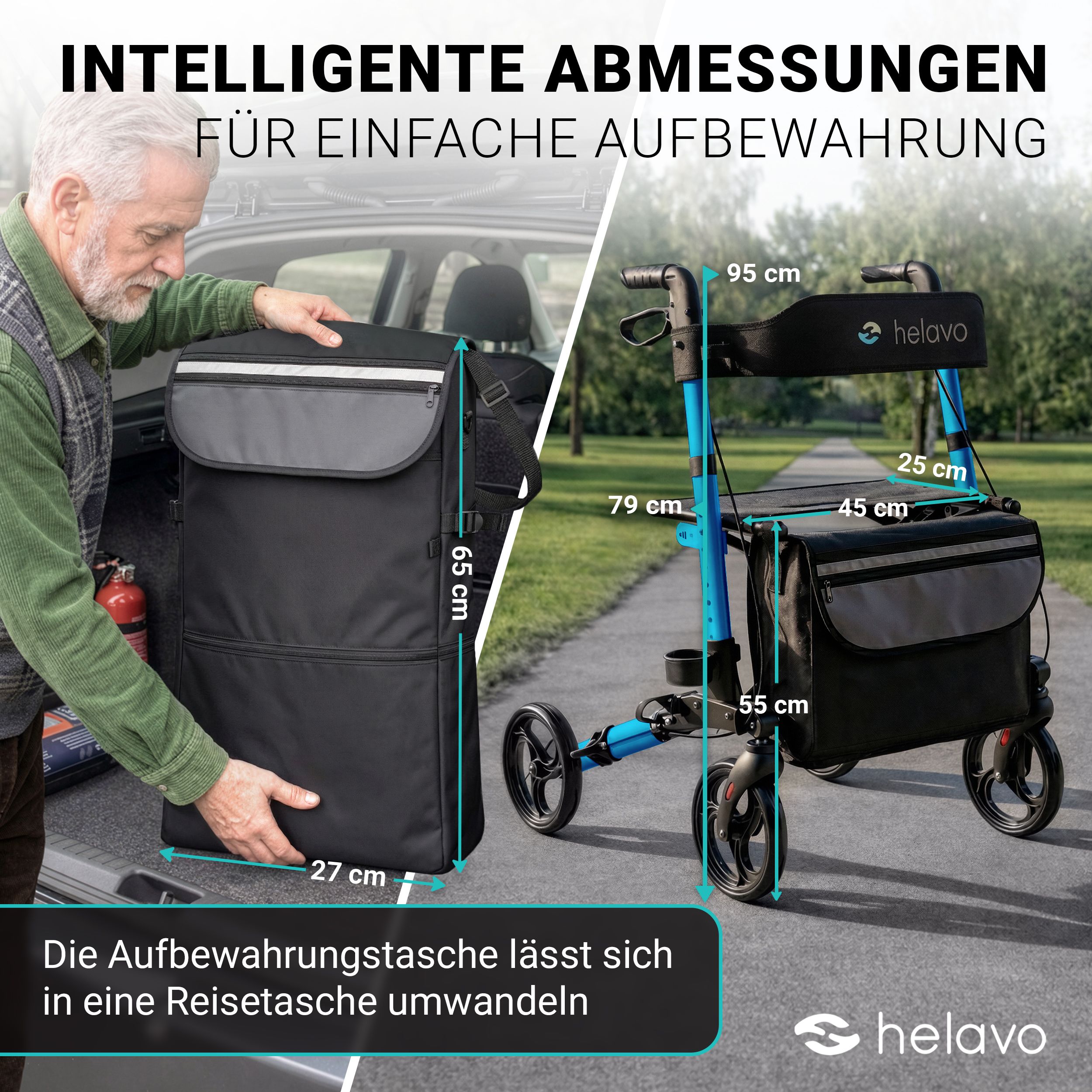 Helavo Aluminium Rollator faltbar mit Sitzfläche und Reisetasche leicht 8,3kg