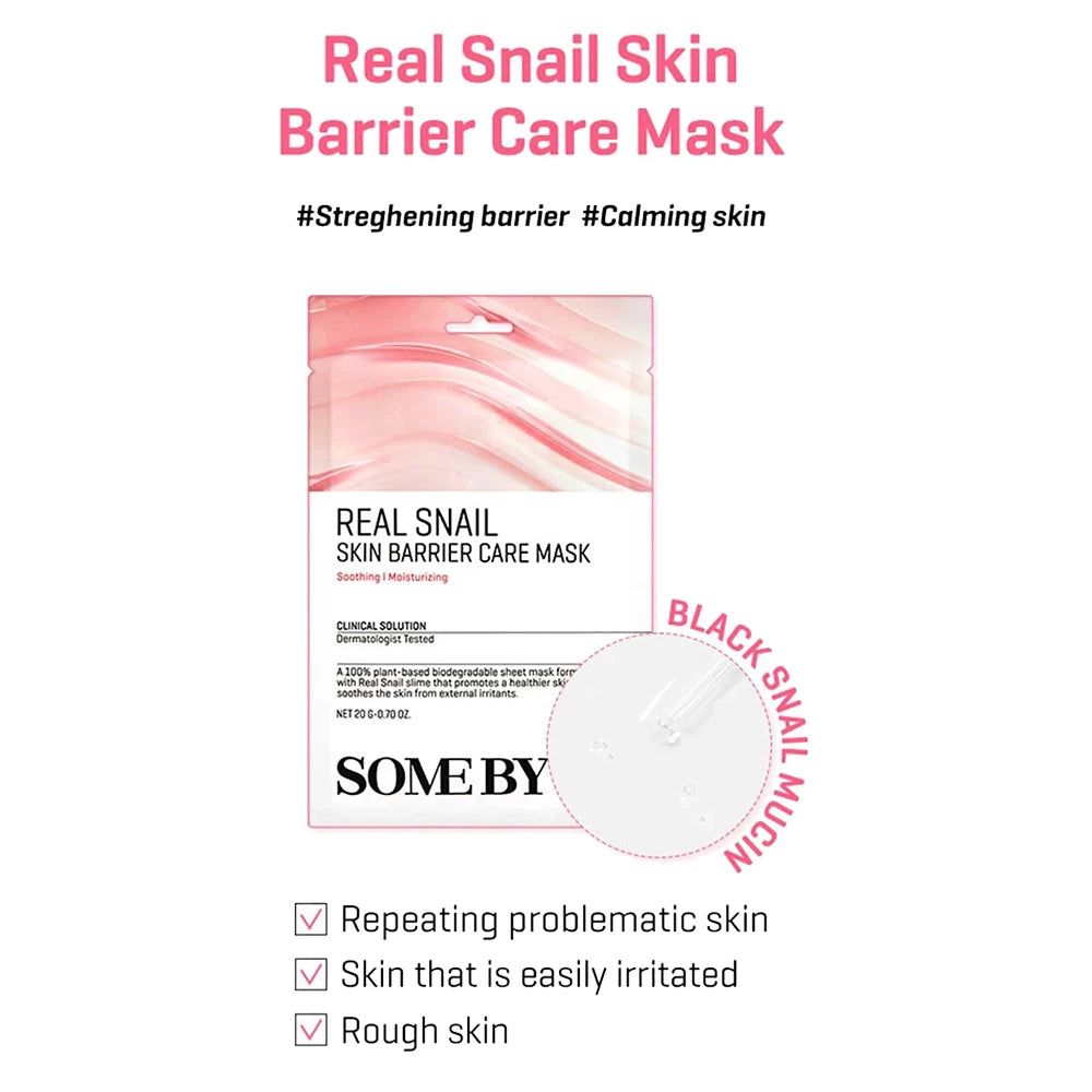 Verpackung der SOMEBYMI Real Snail Skin Barrier Care Mask. Text: Real Snail Skin Barrier Care Mask, #Strengthening barrier #Calming skin.