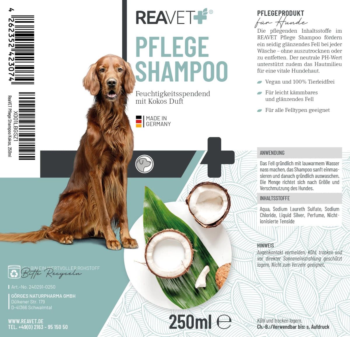 Etikett mit Produktinformationen. Aufschrift: REAVET PFLEGE SHAMPOO. Abbildung eines Hundes, Kokosnuss und Blätter. Made in Germany. 250ml.