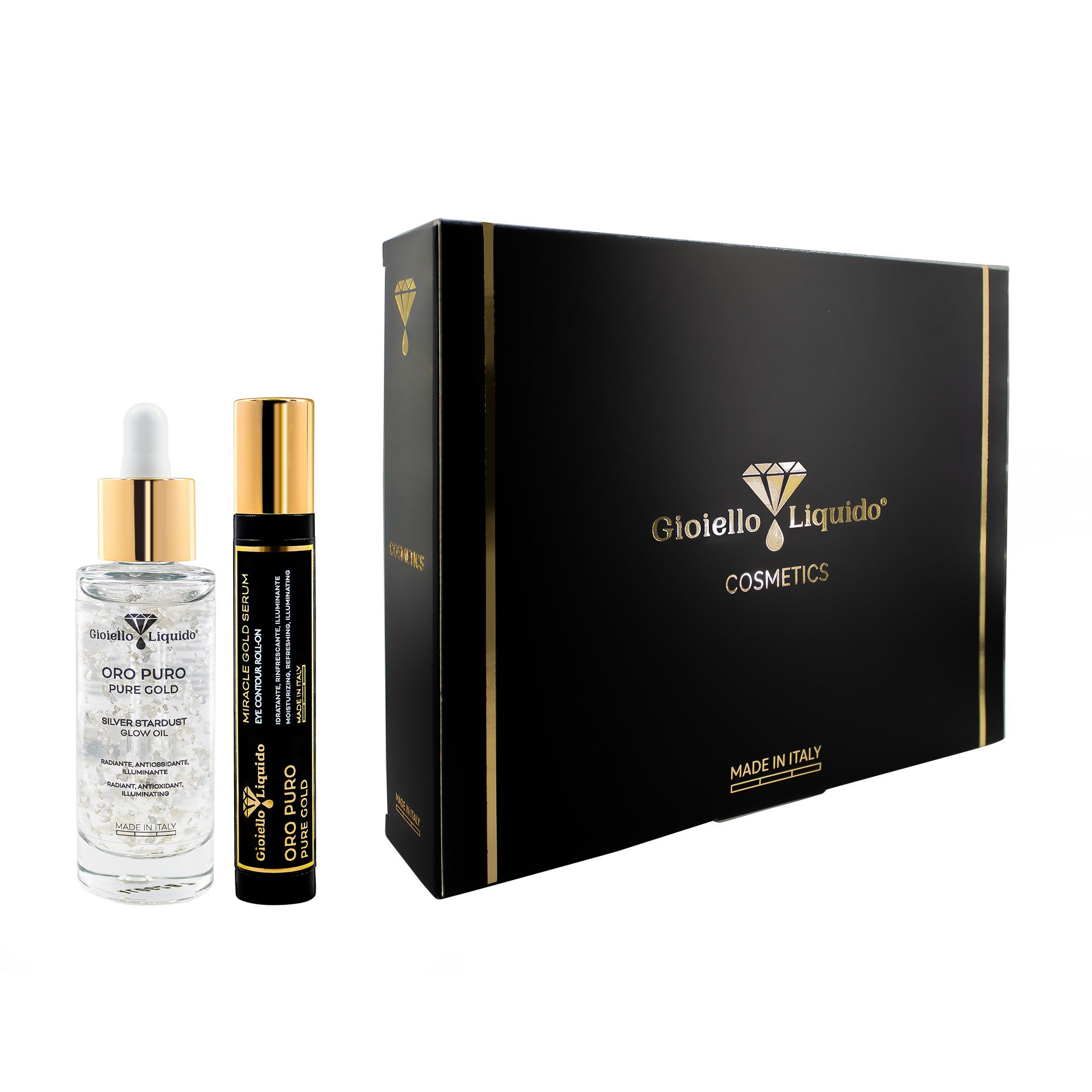 Geschenkbox mit zwei Produkten: Flasche mit Pipette und Roll-on. Aufschrift: Gioiello Liquido Cosmetics.