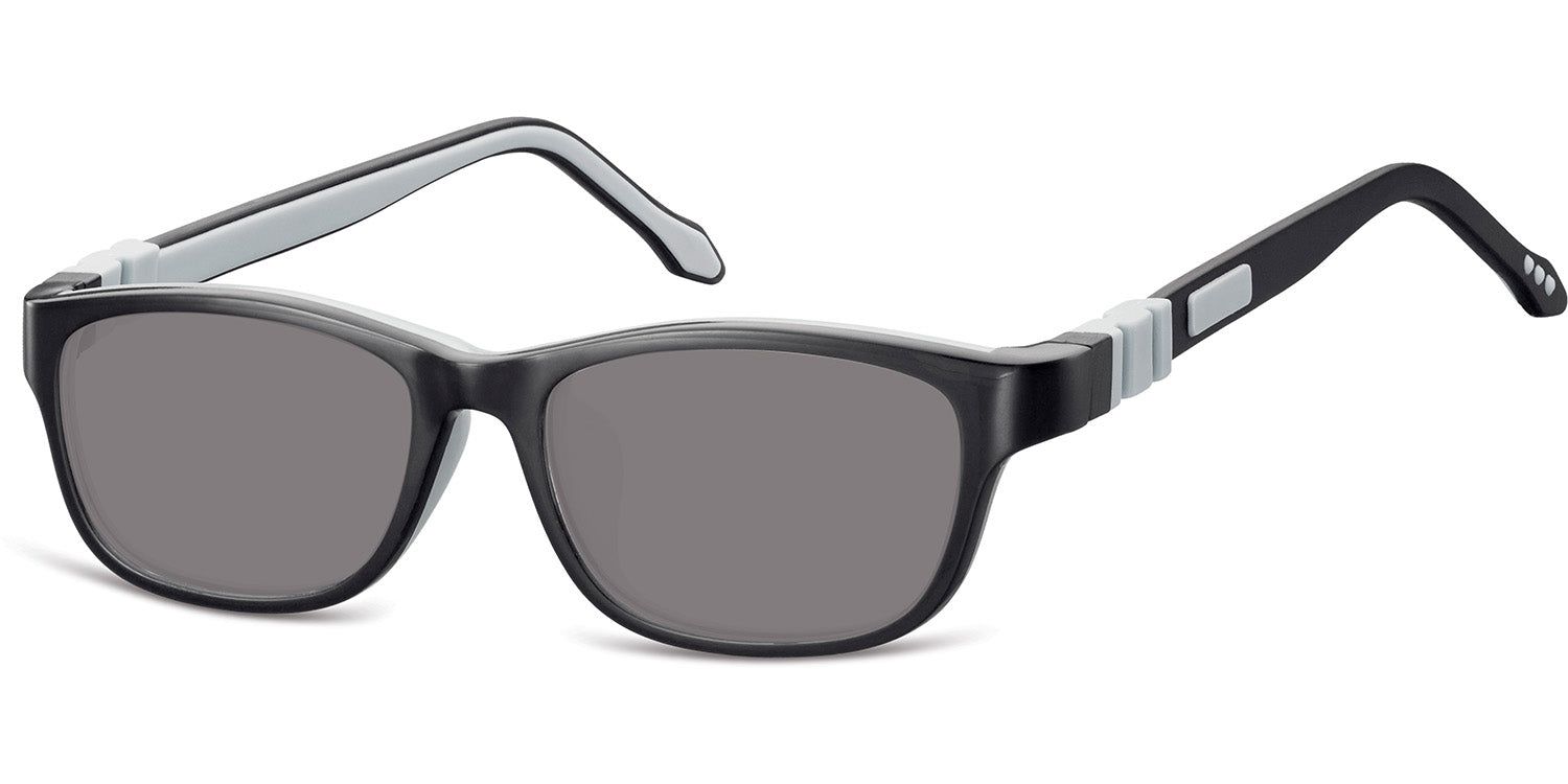 Sonnenbrille mit schwarzem Rahmen und grauen Gläsern. Bügel in Schwarz und Grau. Graue Akzente an den Scharnieren.