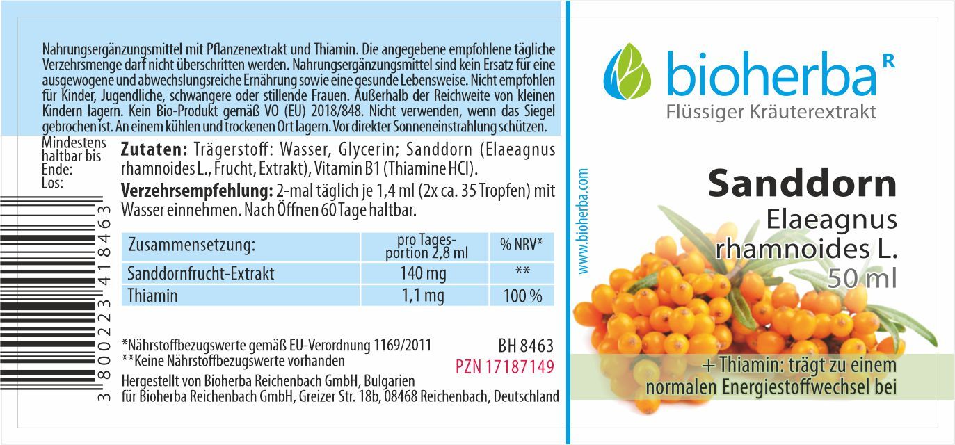 Sanddorn Elaeagnus rhamnoides L. Tropfen Tinktur 50 ml PZN 17187149