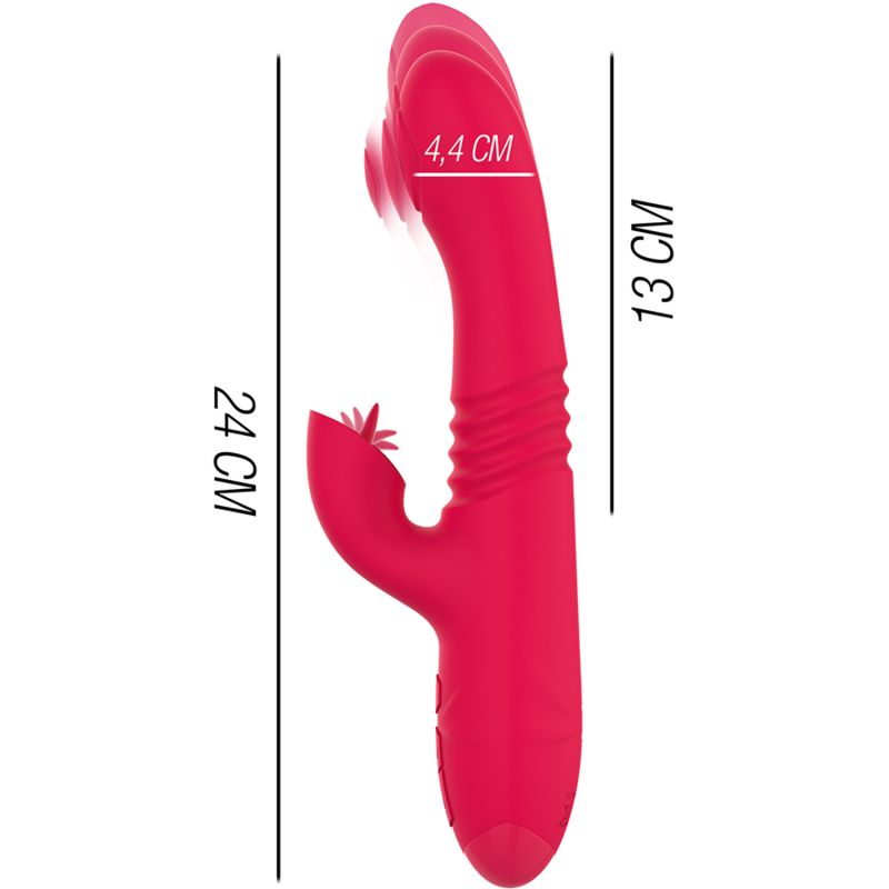 Roter Vibrator mit Zungen-Design. Abmessungen: 24 cm lang, 13 cm hoch, 4,4 cm breit. Silikon.