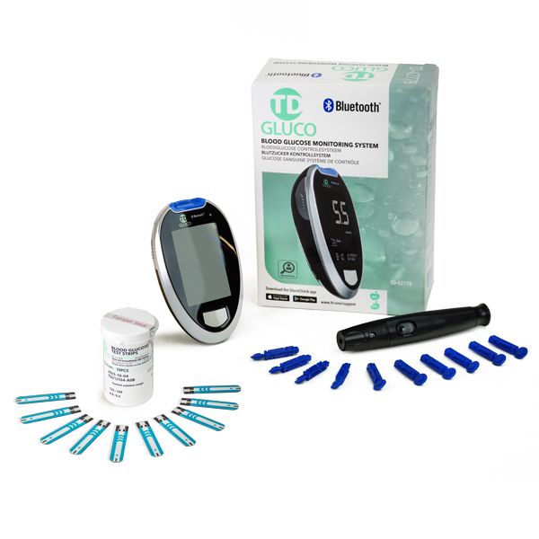 Blutzuckermessgerät-Starterpaket mit Messgerät, Teststreifen, Stechhilfe und Lanzetten. Verpackung mit TD Gluko-Logo.