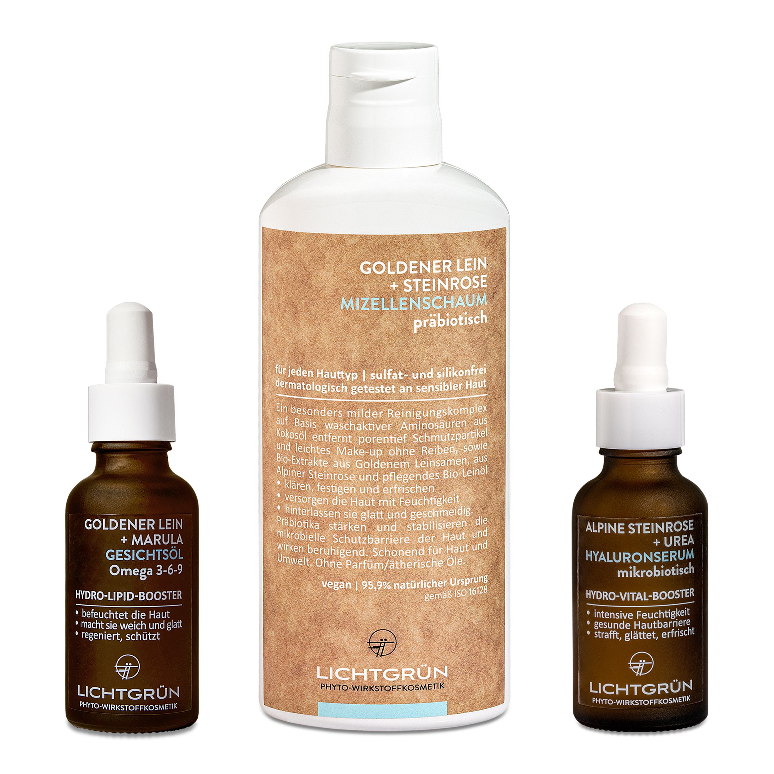 Drei Produkte: Goldener Lein + Marula Gesichtsol, Goldener Lein + Steinrose Mizellenschaum, Alpine Steinrose + Urea Hyaluronserum. Logo: LICHTGRÜN.