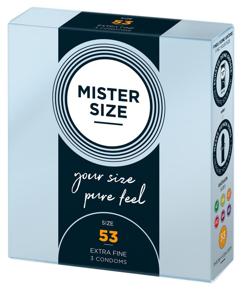 Kondomverpackung. Aufschrift: MISTER SIZE, Größe 53, Extra Fine, 3 Kondome. Weiß, blau und schwarz.
