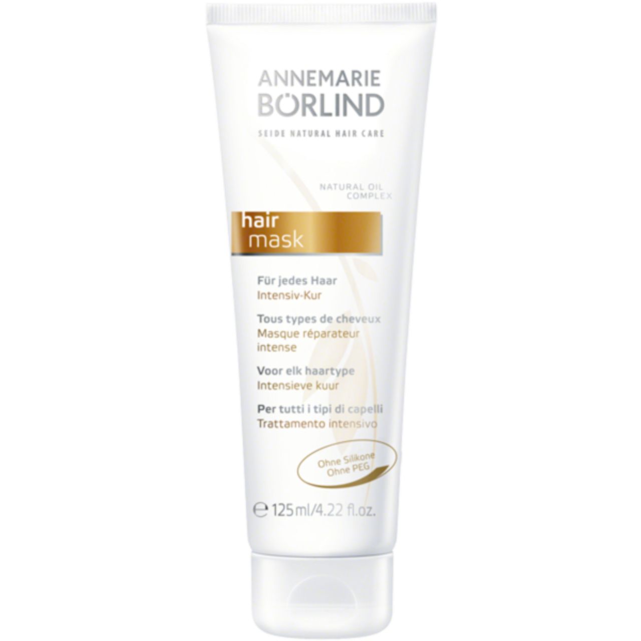 Weiße Tube mit "ANNEMARIE BÖRLIND" und "hair mask" Aufdruck. Goldfarbener Streifen. Text in Deutsch, Französisch, Niederländisch und Italienisch.