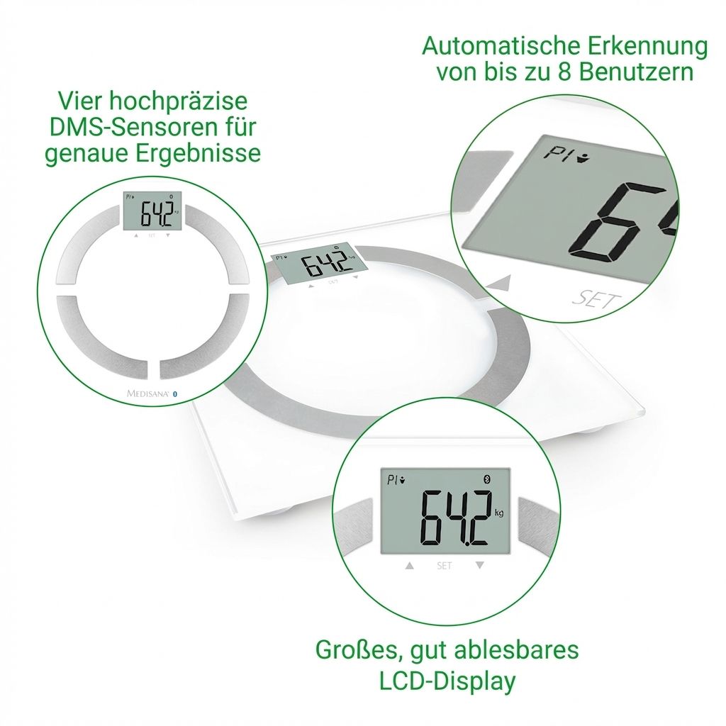 Weiße Körperanalysewaage mit vier Sensoren, LCD-Display und Smartphone-Verbindung.