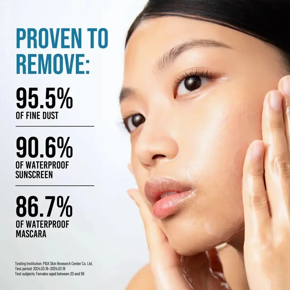 Gesicht einer Frau. Text: 95,5% Staub, 90,6% wasserfester Sonnenschutz, 86,7% wasserfeste Mascara. Text: P&K Skin Research Center.