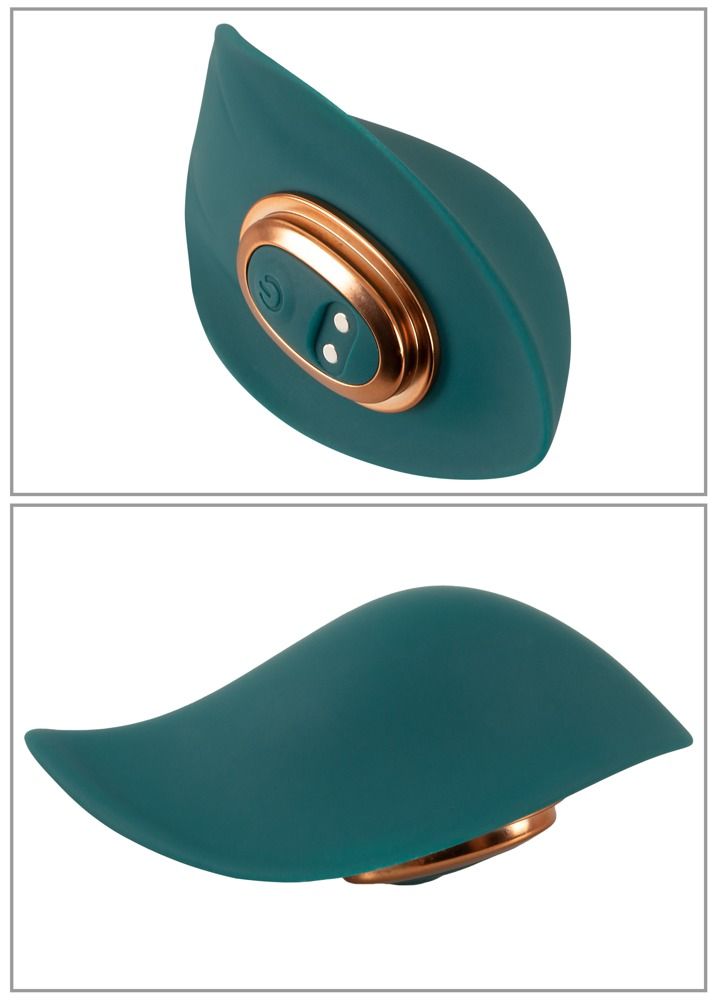 Zwei teal-farbene Wellness-Produkte in Blattform mit goldfarbenen Akzenten.