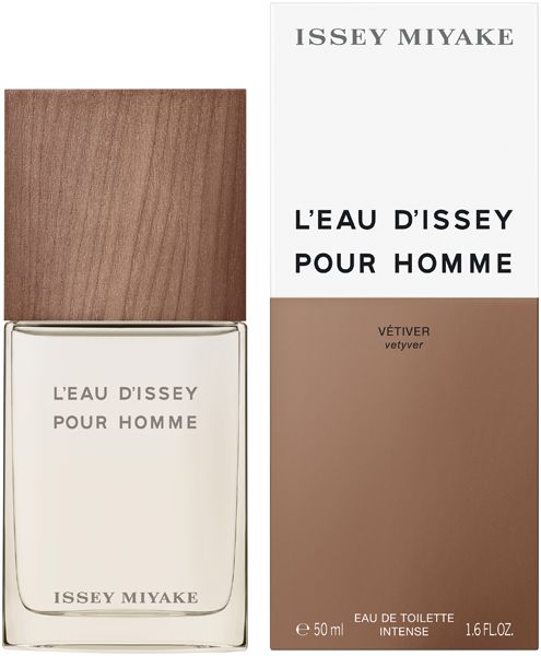 Parfümflakon und Verpackung. Text: Issey Miyake, L'Eau d'Issey Pour Homme, Vetiver, Eau de Toilette.