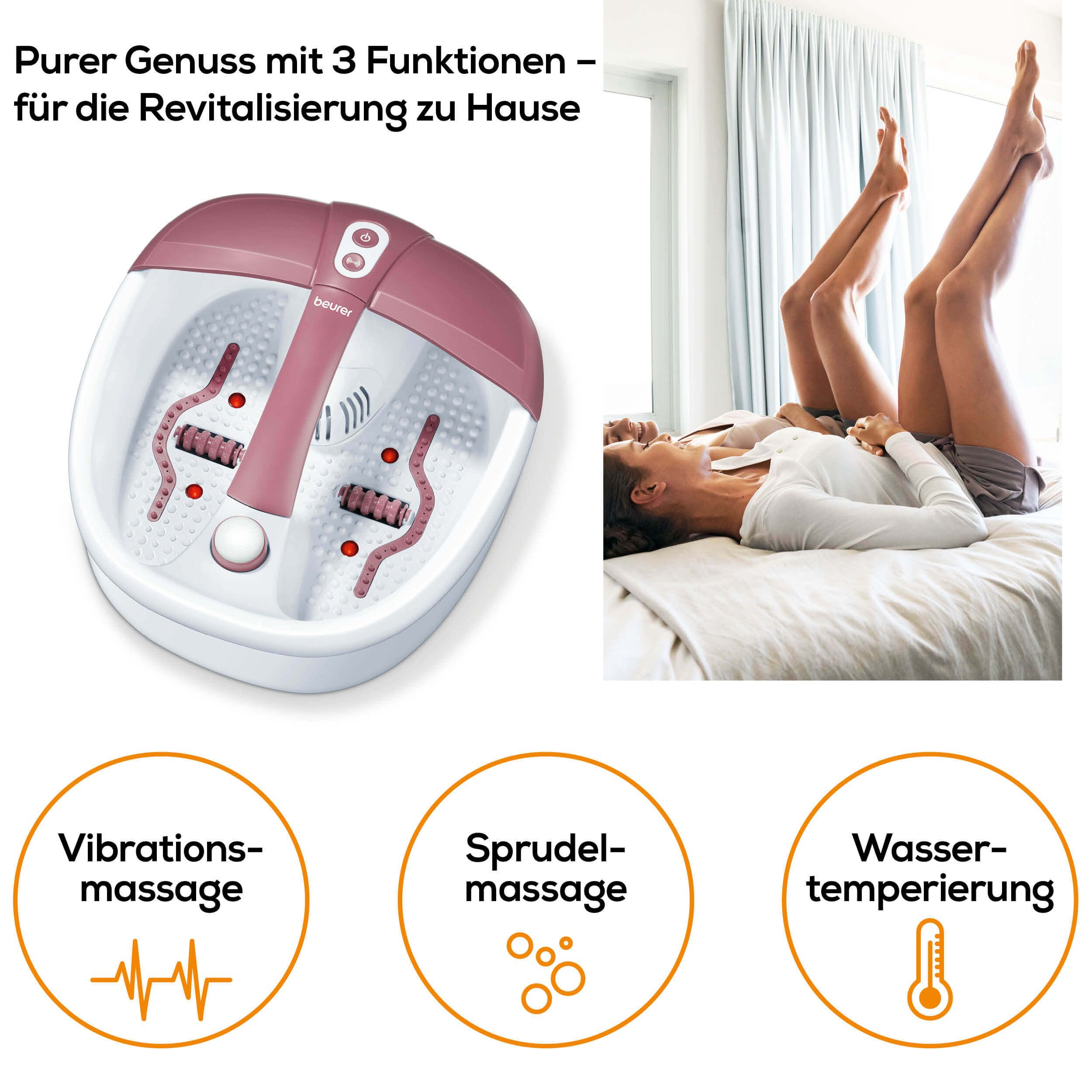 Fußsprudelbad, weiß-rosa, mit Rollen. Funktionen: Vibrationsmassage, Sprudelmassage, Wassertemperierung. Marke: beurer.