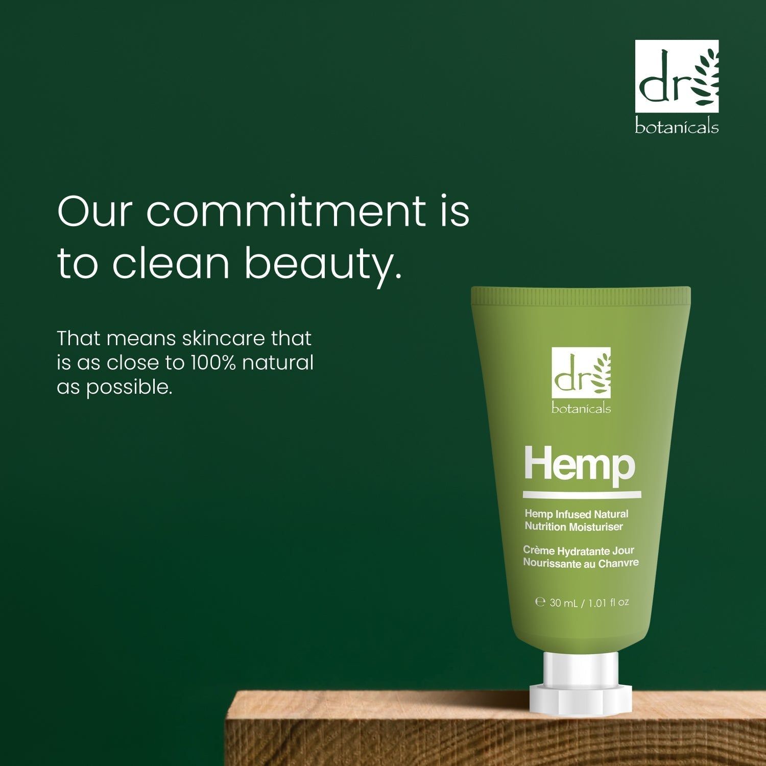 Grüne Tube mit weißem Deckel. Aufschrift: Hemp, Hemp Infused Natural Nutrition Moisturiser, 30 ml. Text: Our commitment is to clean beauty.
