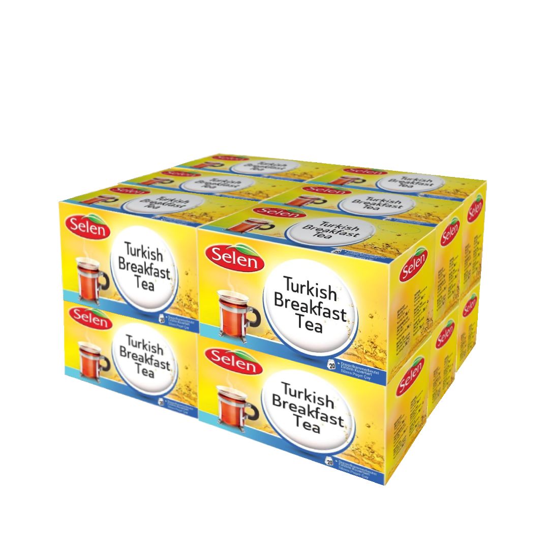 Mehrere Kartons SELEN Turkish Breakfast Tea. Gelbe Verpackung mit Produktabbildung und Schriftzug. Stapelweise angeordnet.