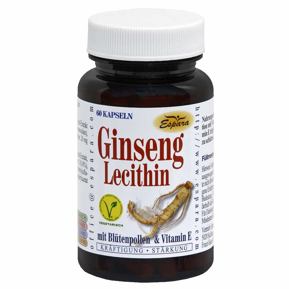 Braune Flasche mit weißen Deckel. Aufschrift: Ginseng Lecithin, 60 Kapseln, mit Blütenpollen & Vitamin E. Vegetarisch.