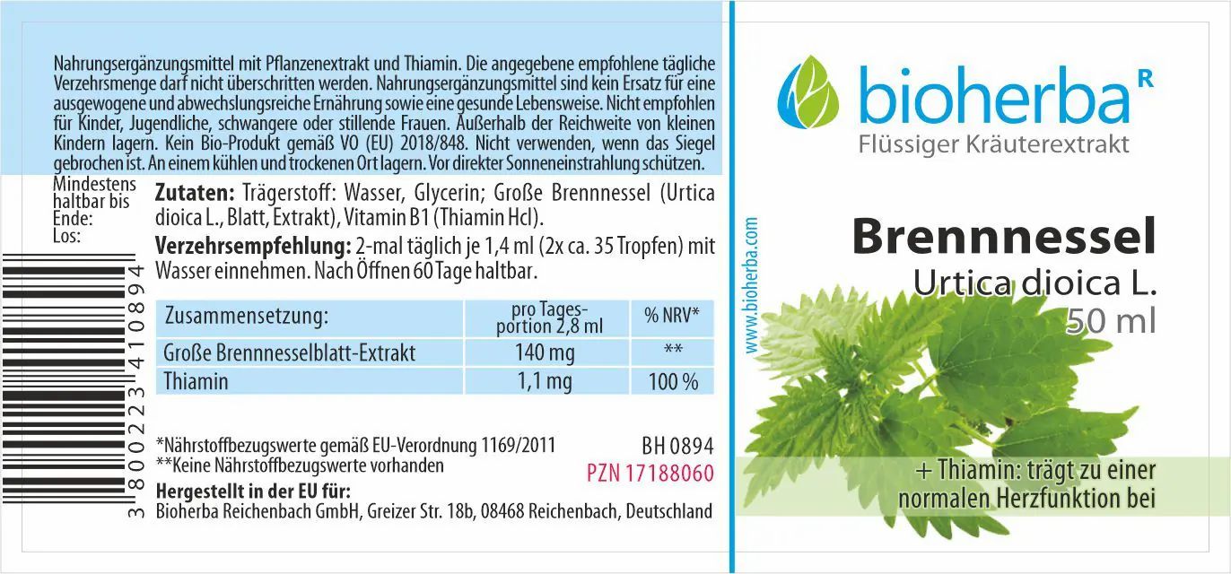 Etikett mit Produktname, Brennnessel-Illustration und Text. Enthält Nährwertangaben und Herstellerinformationen.