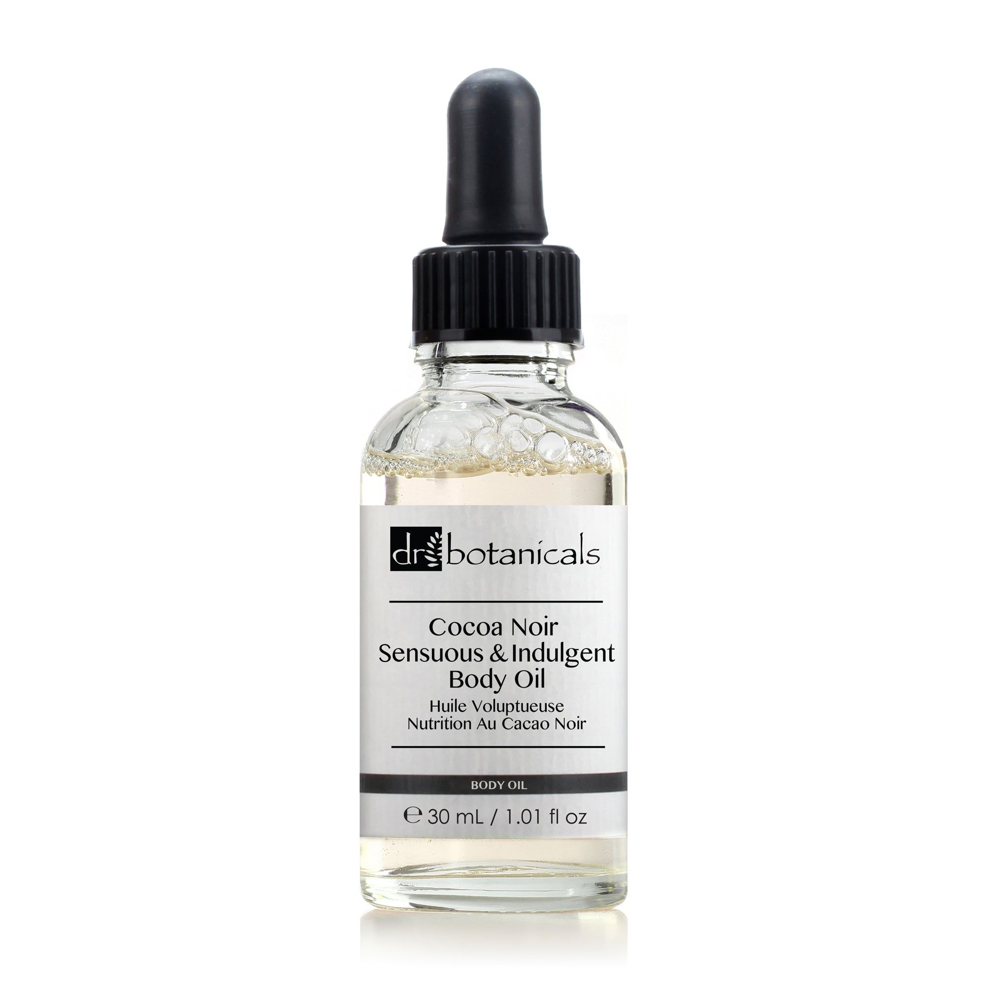 Körperöl-Flasche mit Pipette. Aufschrift: Cocoa Noir Sensuous & Indulgent Body Oil. Marke: Dr Botanicals.
