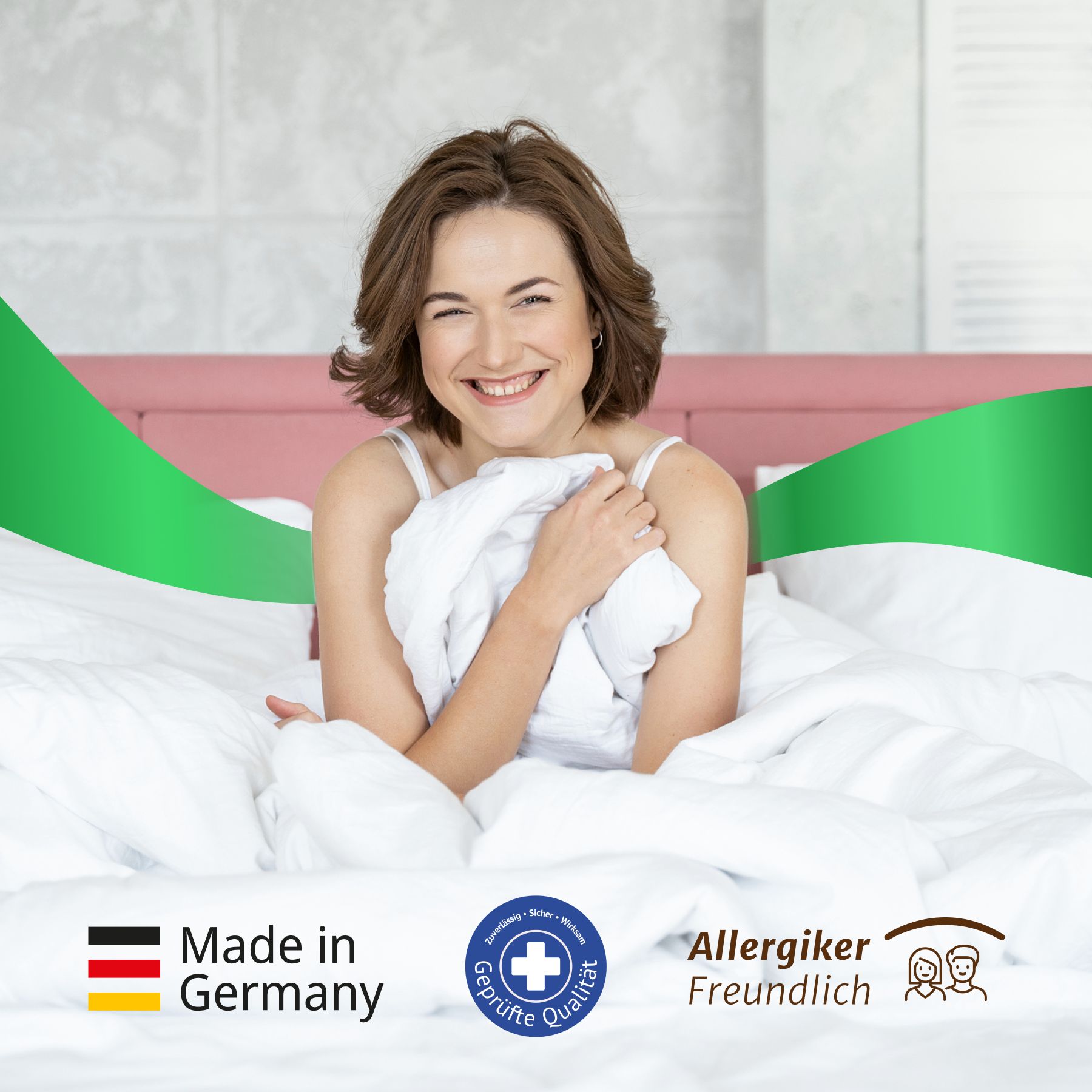 Frau im Bett mit Kissen. Text: Made in Germany, Geprüfte Qualität, Allergiker Freundlich.