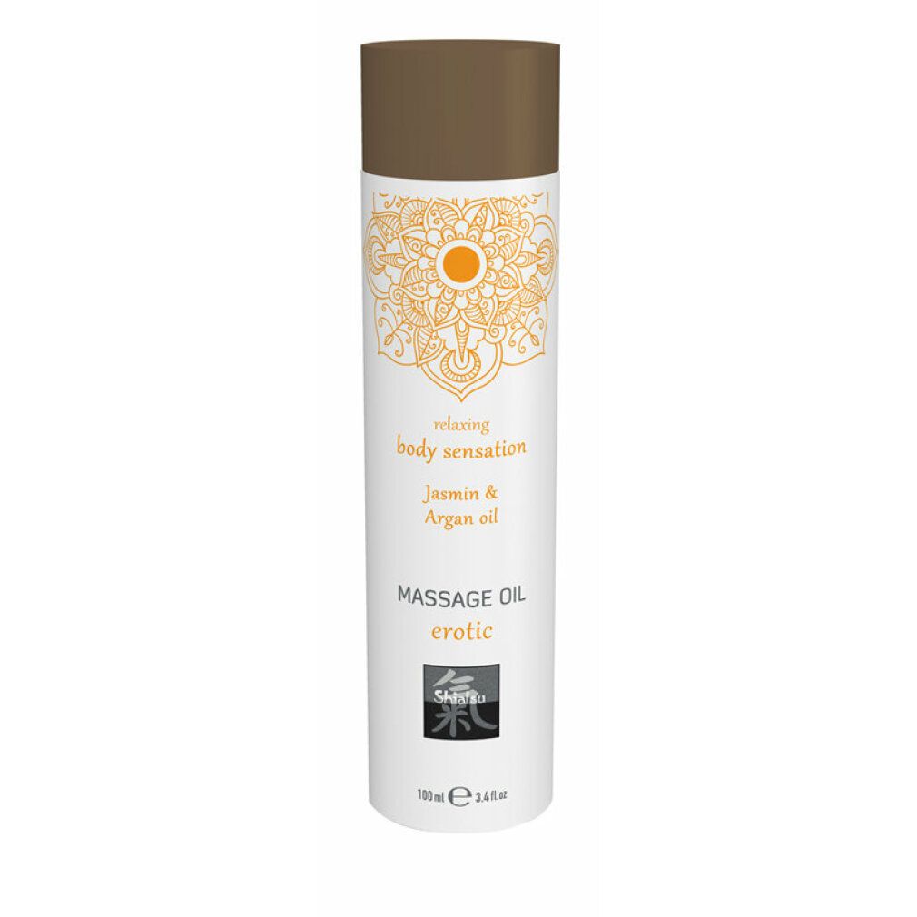 Zylindrische Flasche mit braunem Deckel. Aufschrift: Massage Oil erotic, Jasmin & Arganöl. Orangefarbenes Mandala-Design.