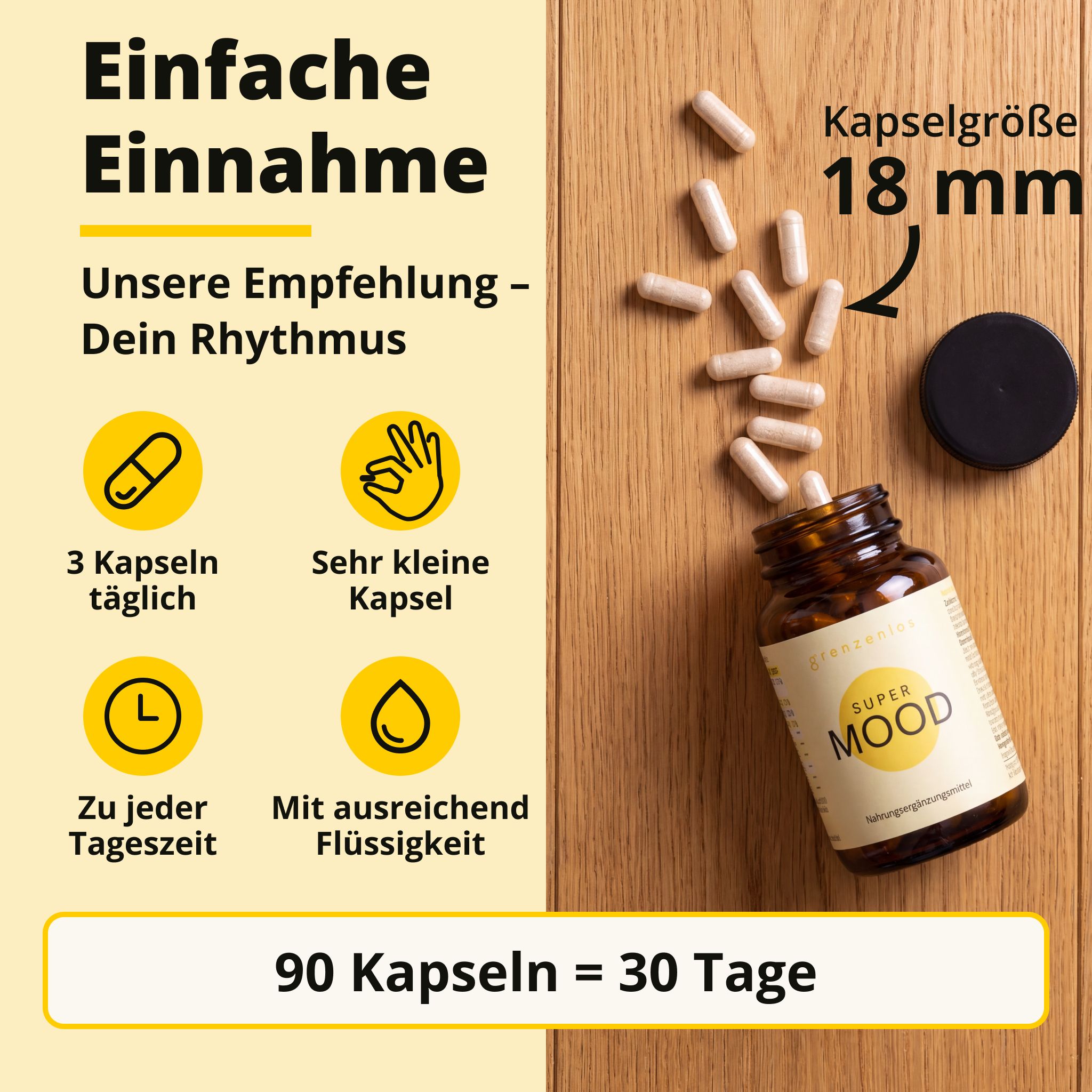Flasche "SUPER MOOD" und Kapseln. Text: "Einfache Einnahme", "90 Kapseln = 30 Tage".