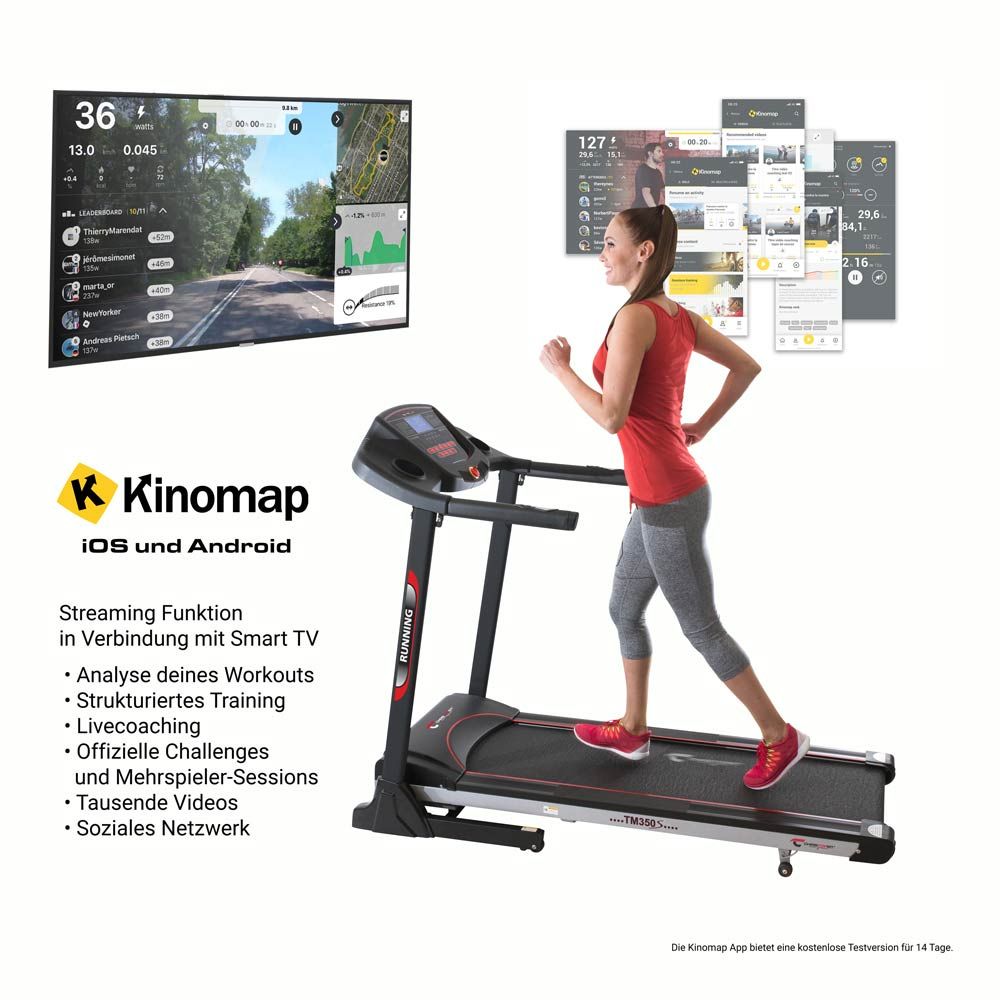Frau läuft auf Laufband CHRISTOPEIT SPORT TM 350S. TV-Bildschirm und Smartphone-Apps im Hintergrund. Kinomap-Logo.