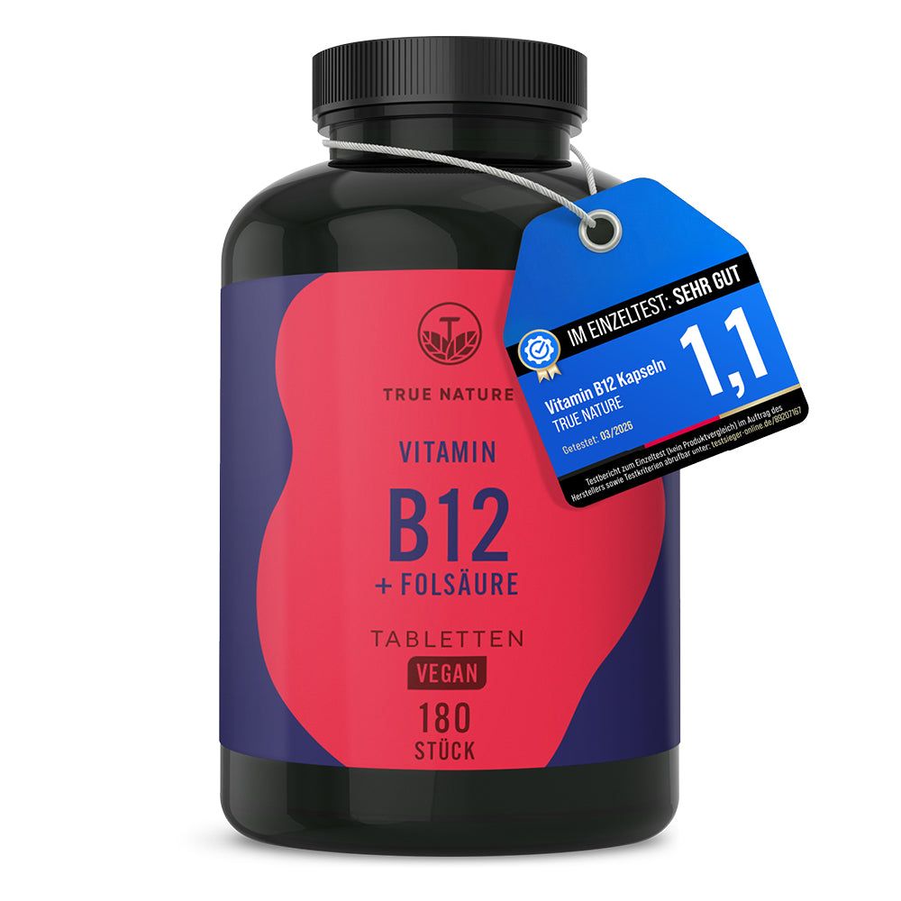 Dunkler Behälter mit Etikett: Vitamin B12 + Folsäure Tabletten, 180 Stück, Vegan. Mit Siegel 'Sehr Gut'.