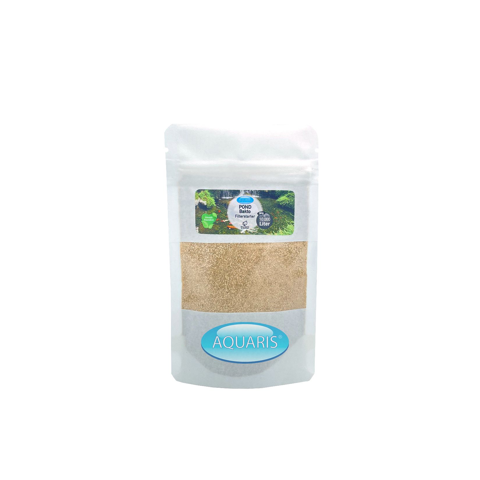 Kleine, weiße Verpackung mit braunem Inhalt. Aufdruck: AQUARIS. Grüner Aufkleber mit Pflanzenmotiv.