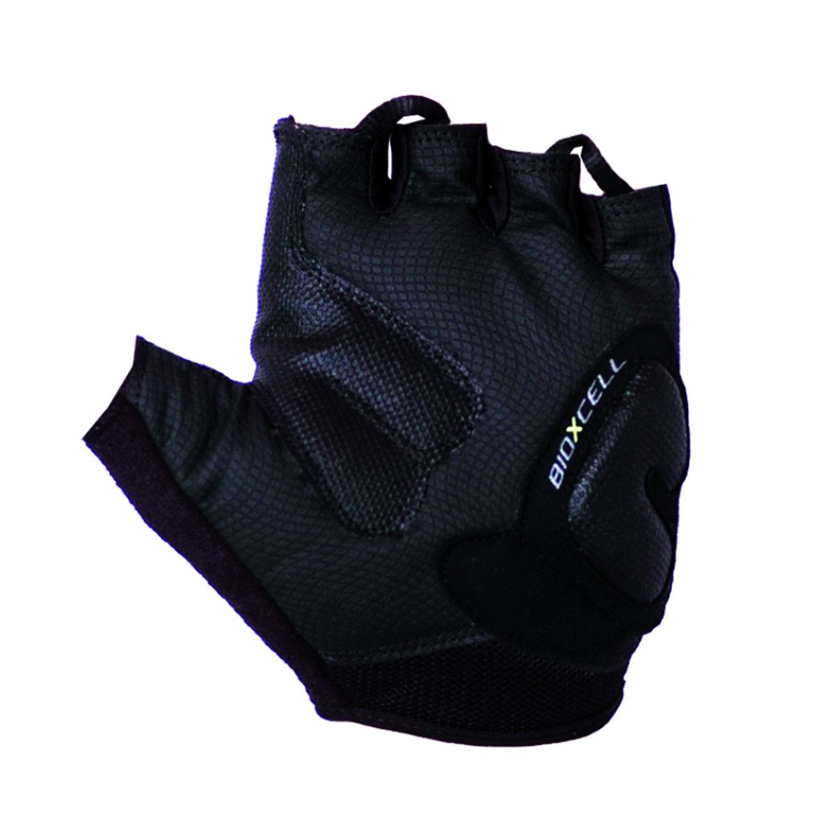 Schwarze, offene Handschuhe mit BIOXCELL-Logo. Gepolsterte Handfläche, Klettverschluss. Für Fitness.