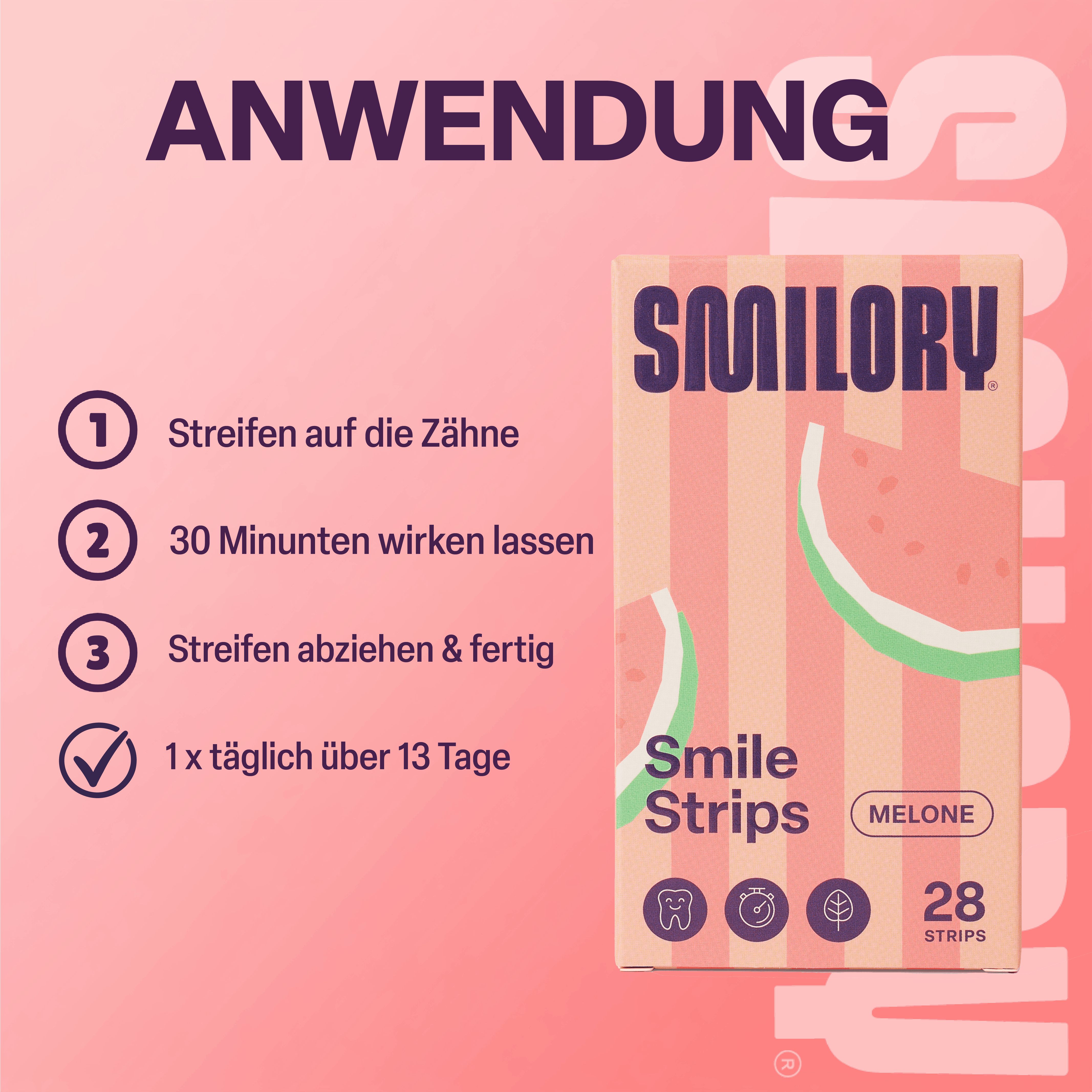 Anwendung der Smilory Zahnaufhellungsstreifen: 30 Minuten einwirken lassen, 1x täglich über 13 Tage.