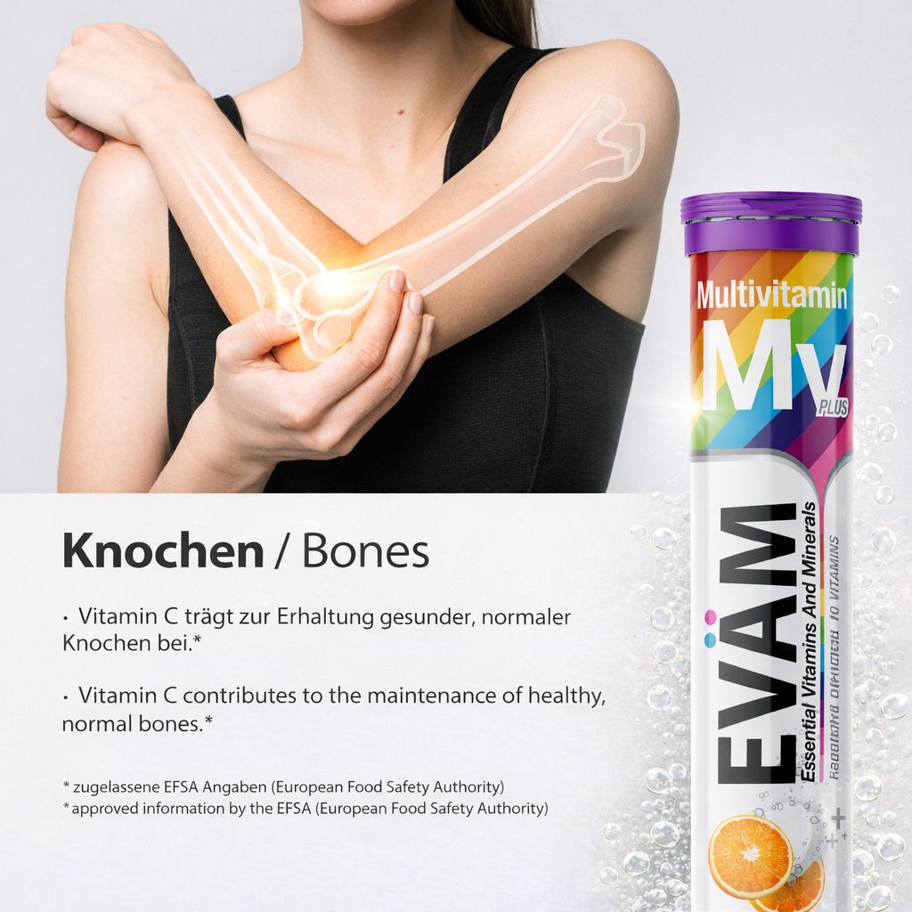 Eine Tube EVÄM Multivitamin Brausetabletten neben einem menschlichen Arm. Text: Knochen / Bones. Vitamin C trägt zur Erhaltung gesunder Knochen bei.