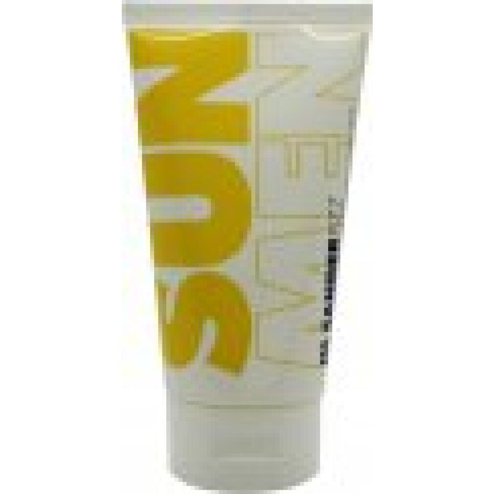 Weiß-gelbe Tube mit Aufschrift SUN MEN und Jil Sander Fizz. Deckel unten. Produktverpackung.
