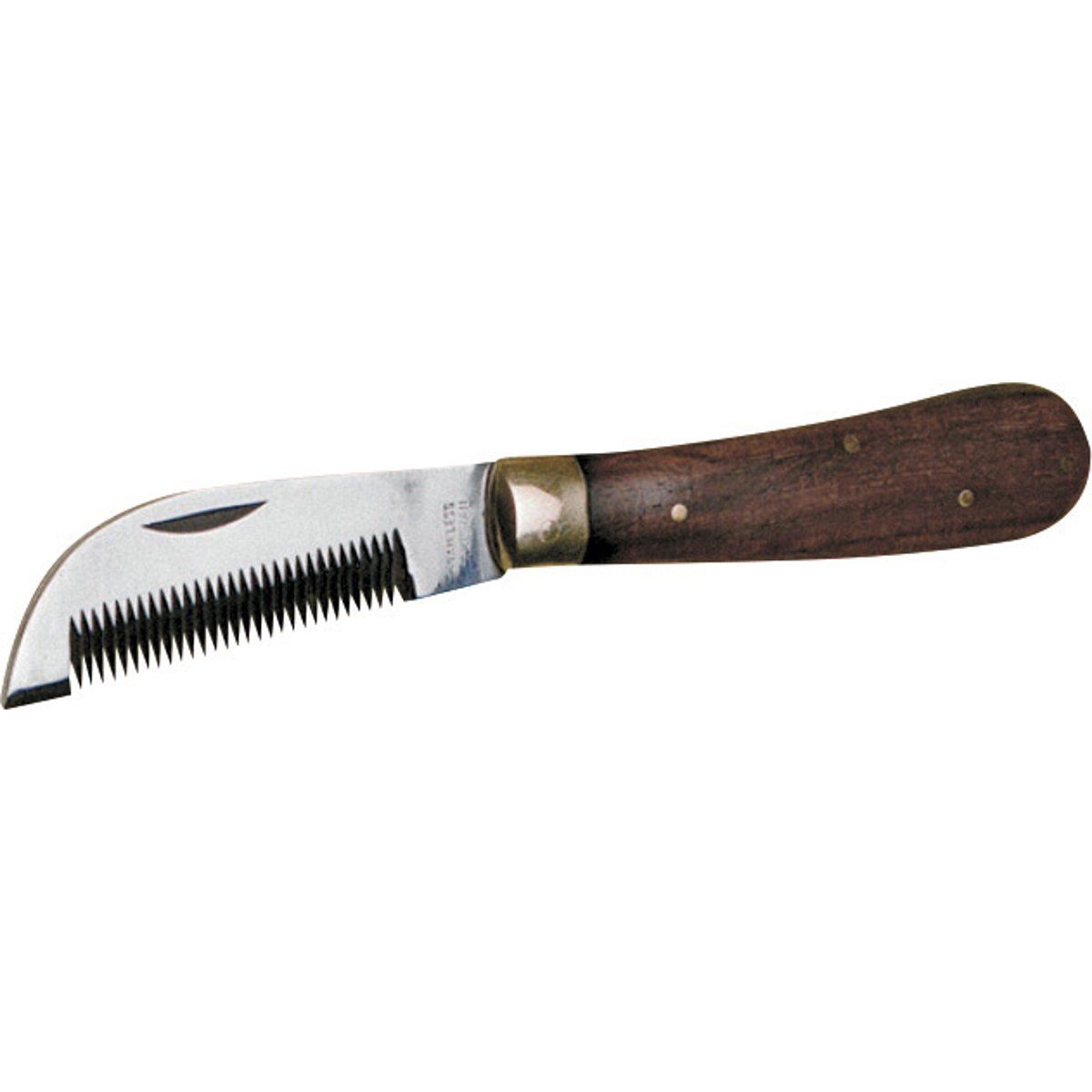 Verziehmesser mit Holzgriff und gezahnter Klinge. Metallband am Übergang. Geschwungene Form.