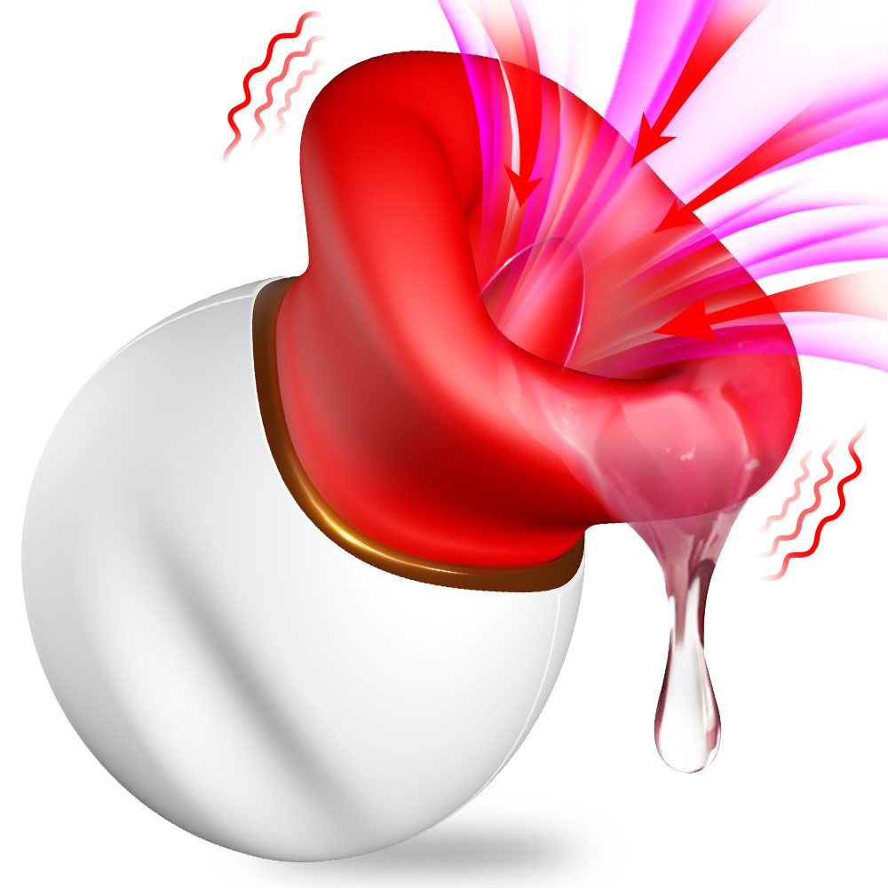 Weißes, ovales Gerät mit roter, trichterförmiger Öffnung. Flüssigkeit tropft. Wellen- und Pfeildarstellungen.