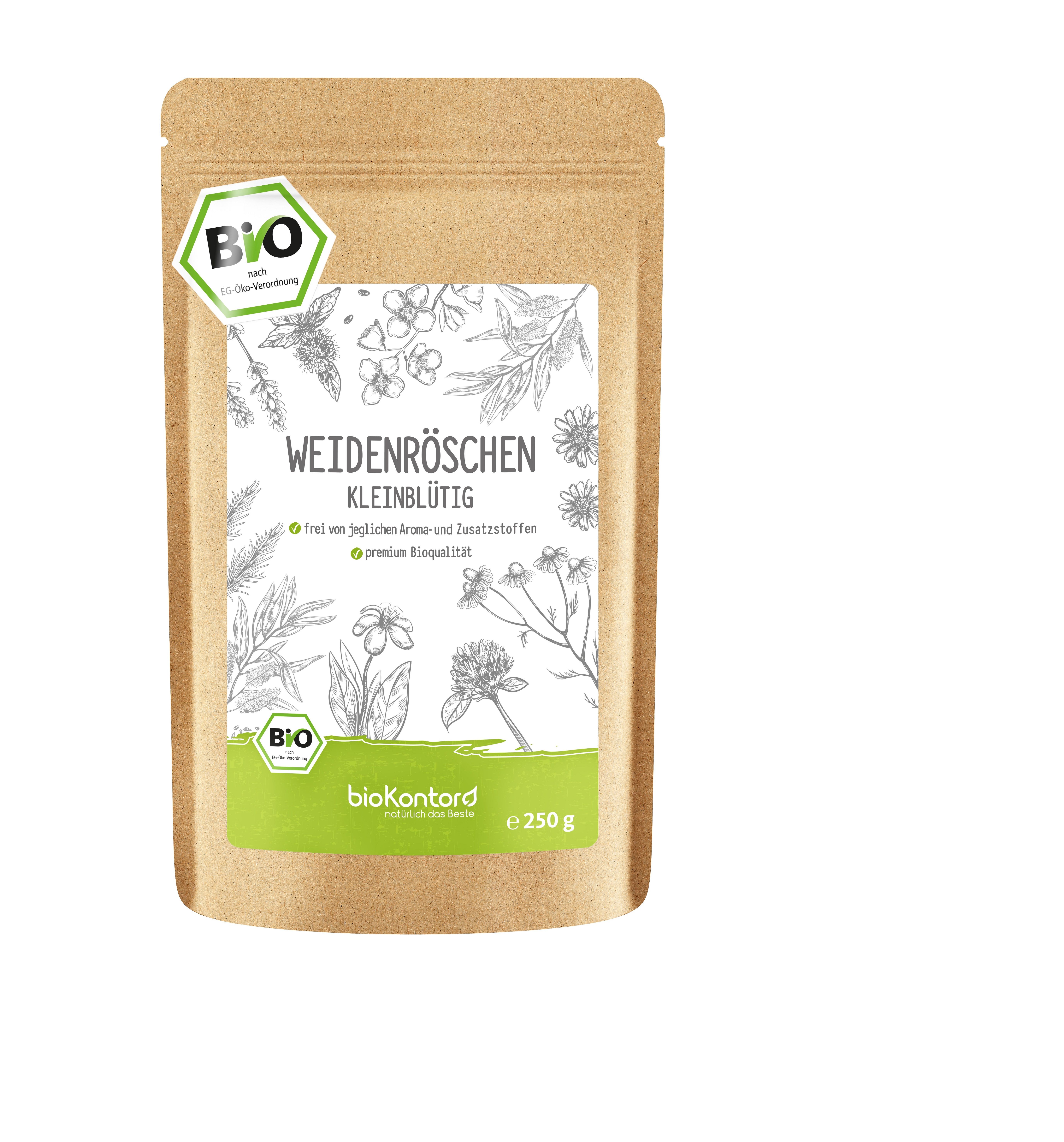 Braune Tüte mit grünem Etikett. Aufschrift: Weidenröschen kleinblütig, Bio-Siegel. Marke: bioKontor. Inhalt: 250 g.