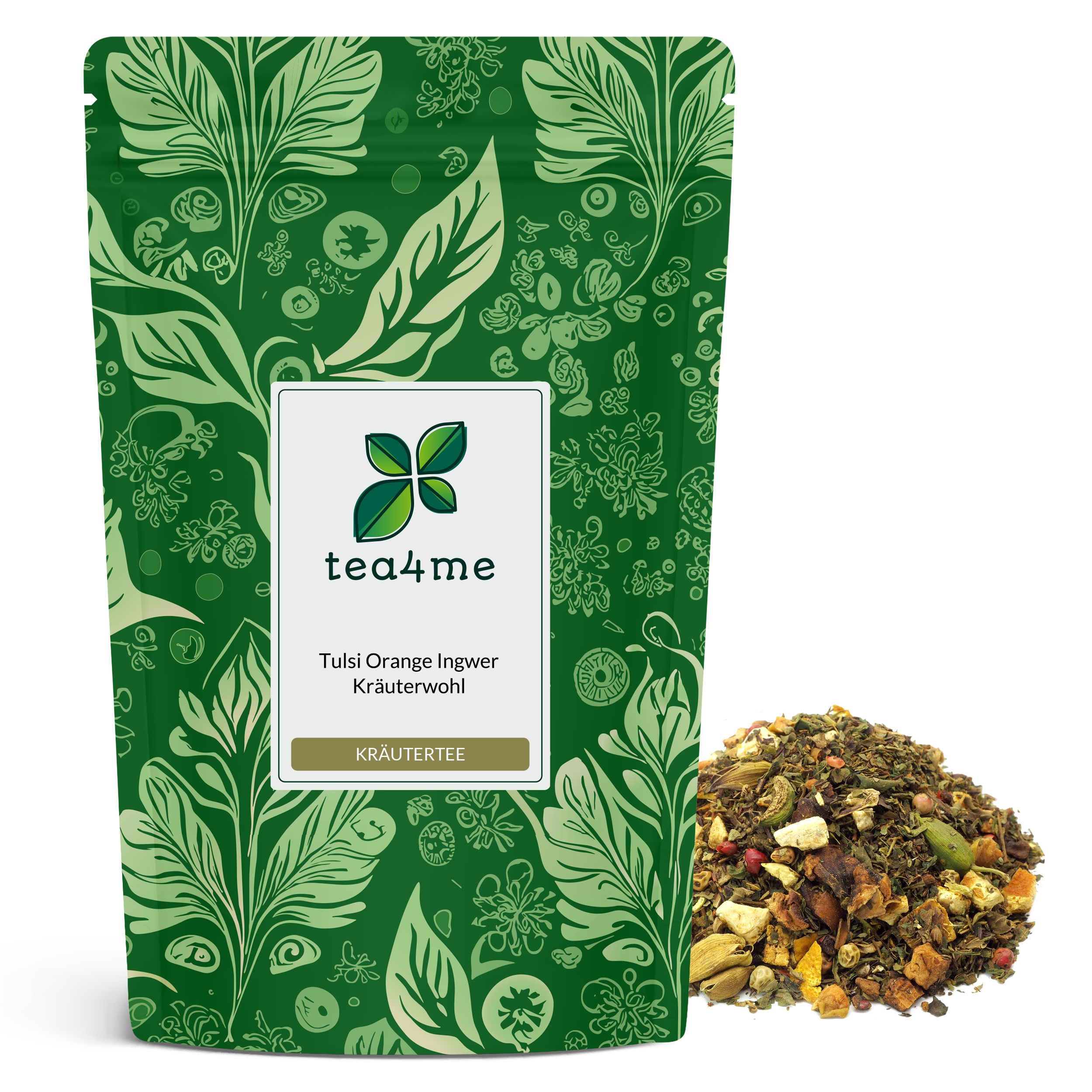 Grüner Beutel mit floralem Muster. Aufkleber mit Logo und Text: Tulsi Orange Ingwer Kräutertee. Daneben loser Kräutertee.