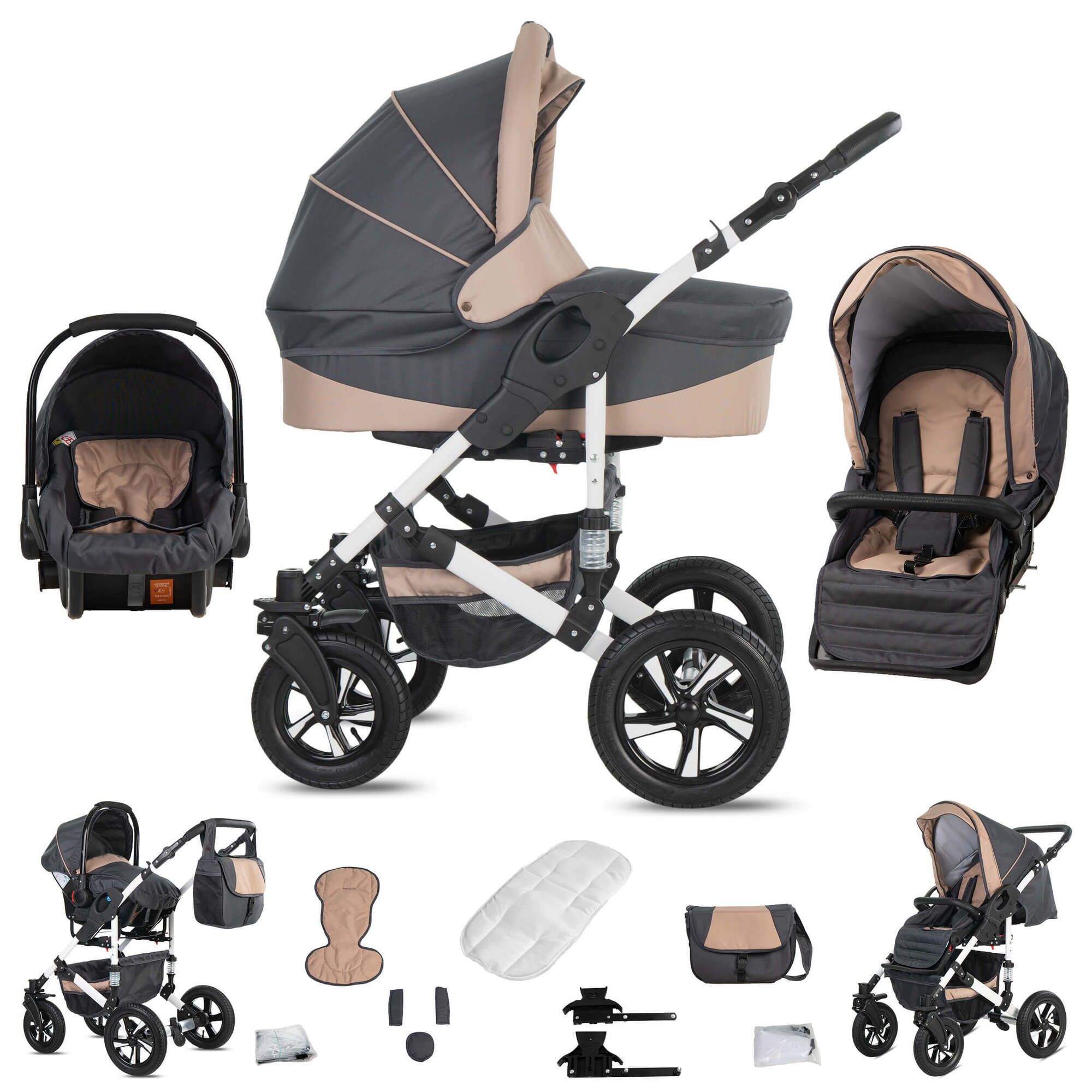 Kinderwagen-Set, grau und beige. Enthält Babywanne, Sportsitz, Babyschale und Zubehör. Luftreifen, weißes Gestell.