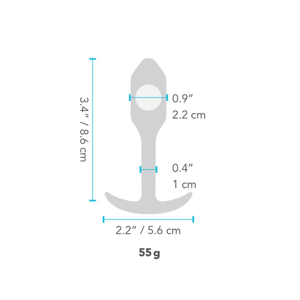 Diagramm mit Maßen des Snug Plug 1. Höhe: 8,6 cm, Breite: 5,6 cm, Gewicht: 55g.