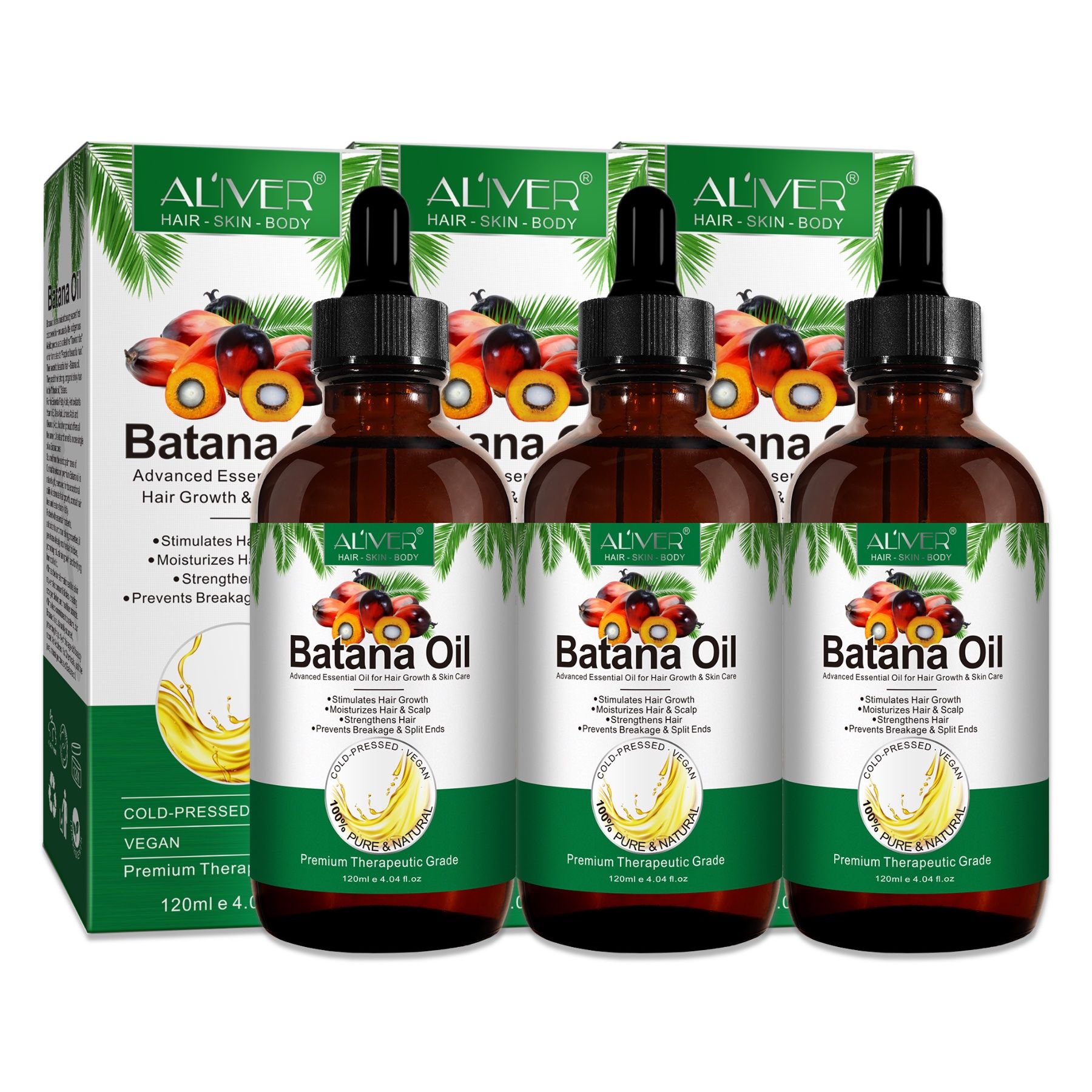 Mehrere Flaschen Batana Öl mit Verpackung. Aufschrift: ALIVER, Batana Oil, 120ml, vegan.