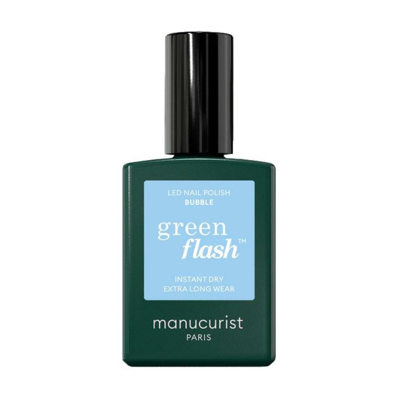 Grüne Nagellackflasche mit schwarzem Deckel. Aufschrift: Green Flash, Instant Dry, Extra Long Wear, Manucurist Paris.