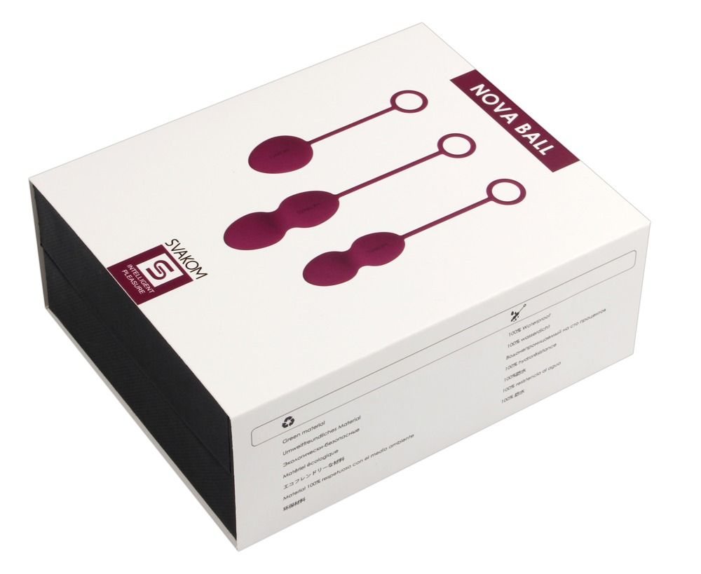 Verpackung mit drei Kegel-Trainingskugeln. Aufschrift: NOVA BALL, SVAKOM.